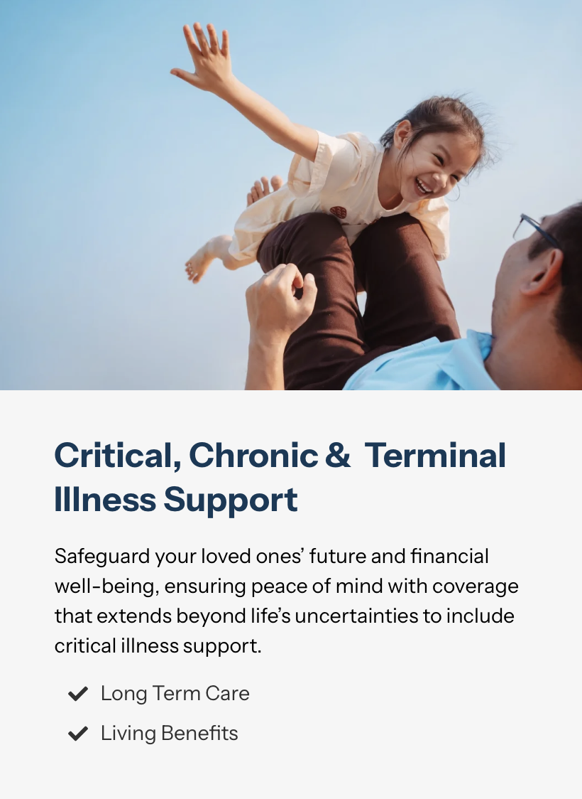 A young girl is smiling and laughing as she is lifted into the air by an adult, possibly her father, outside against a blue sky. The girl has dark hair tied back, and the adult is wearing glasses and a light blue shirt.