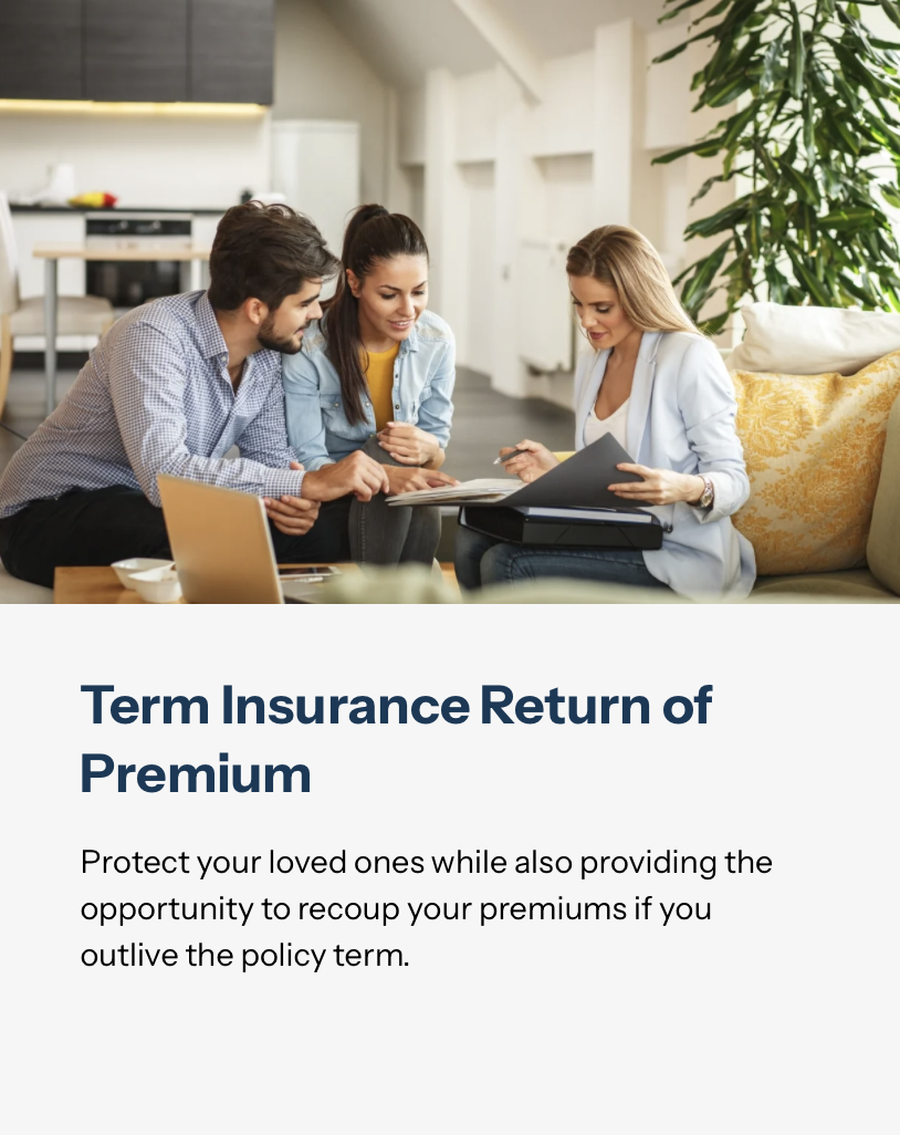 Group of three people discussing insurance documents in a bright living room.