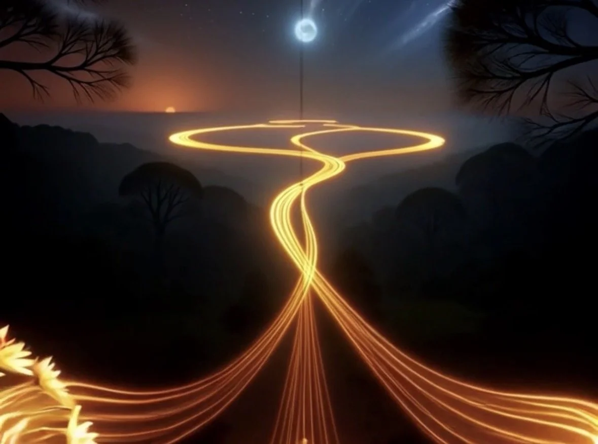 A digital illustration light showing the systems bus of EMS micro forming a winding path through a forest landscape at sunset, with a large moon and a planet visible in the sky.