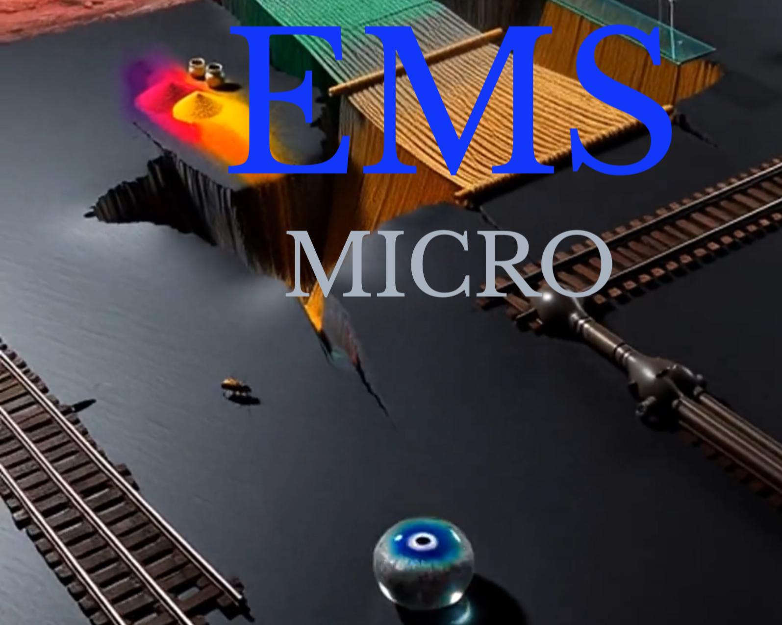 Model processor floor layout with tracks, a wooden bridge, small machinery, colorful dust cloud, and a doll eye glass marble. The overlay text reads 'EMIS MICRO' in large blue and gray font.