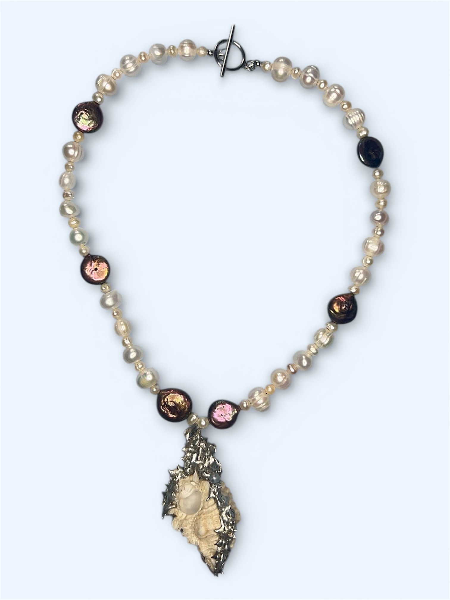 Coin Pearl Necklace with Soldered Shell