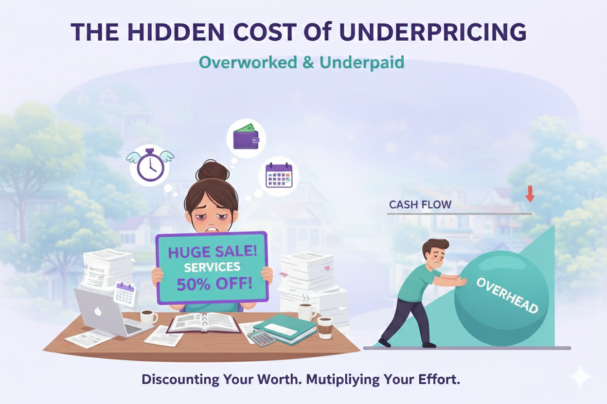 Illustration of a business owner holding a huge sale sign while overhead rises representing the hidden cost of underpricing and weakened profit margins in the United States