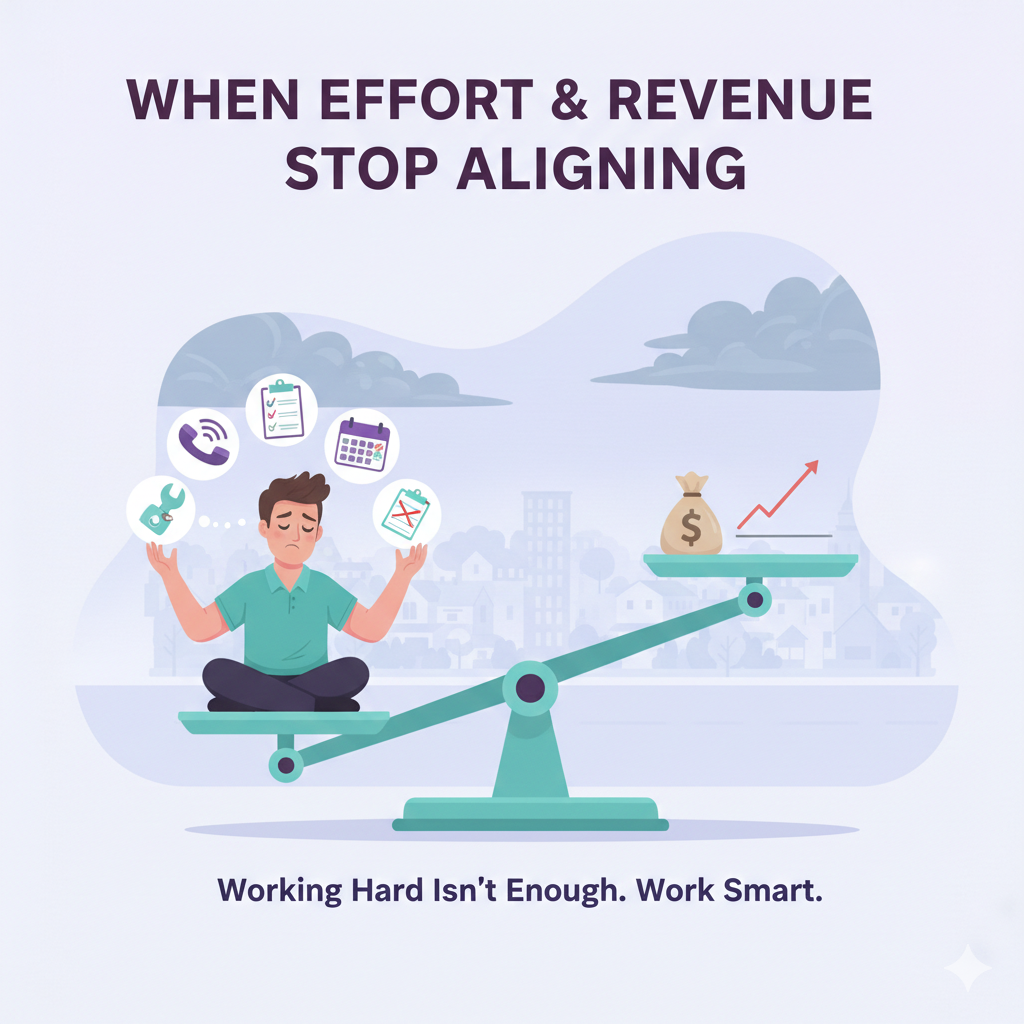 Illustration of a stressed small business owner balancing effort and declining profit on a scale representing revenue misalignment and local search visibility challenges in the United States