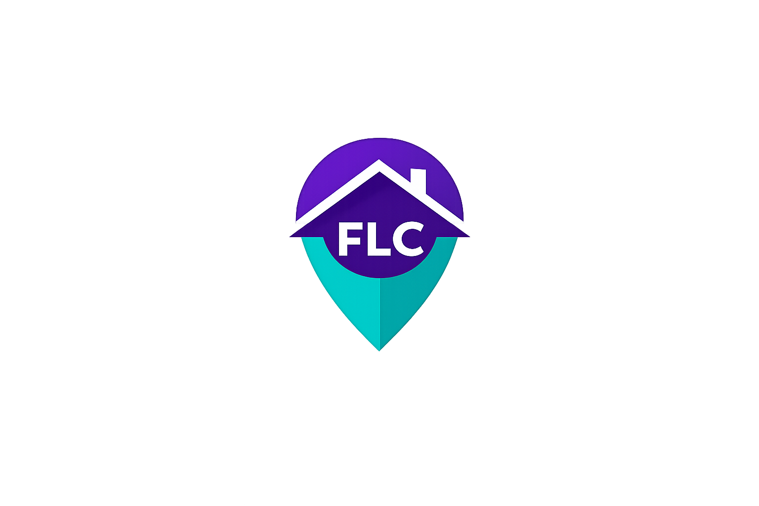 Illustration of a location pin with a house icon and the letters FLC, representing brand identity and local search visibility for service-based businesses.