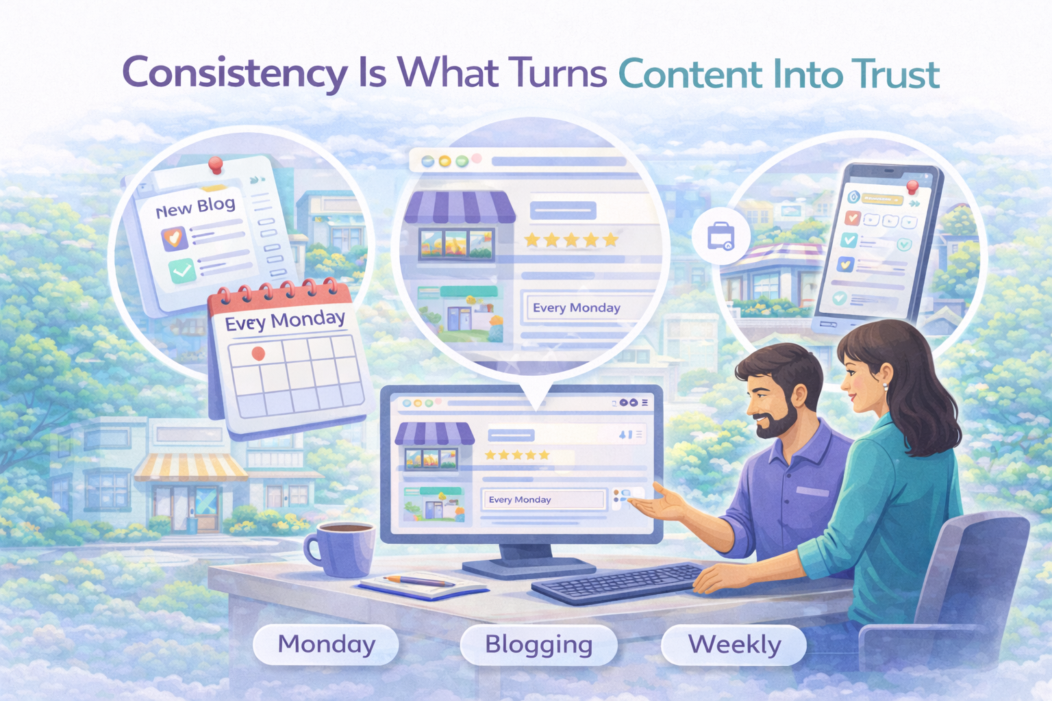 Illustration comparing consistent versus inconsistent local business content and showing how regular updates improve trust and search visibility. Local SEO, Google Business Profile, brand consistency. United States.