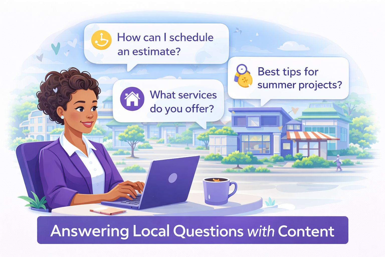Illustration of a service-based business owner reviewing AI-generated local search questions on a laptop, representing how AI search and content strategy support local SEO and customer discovery.