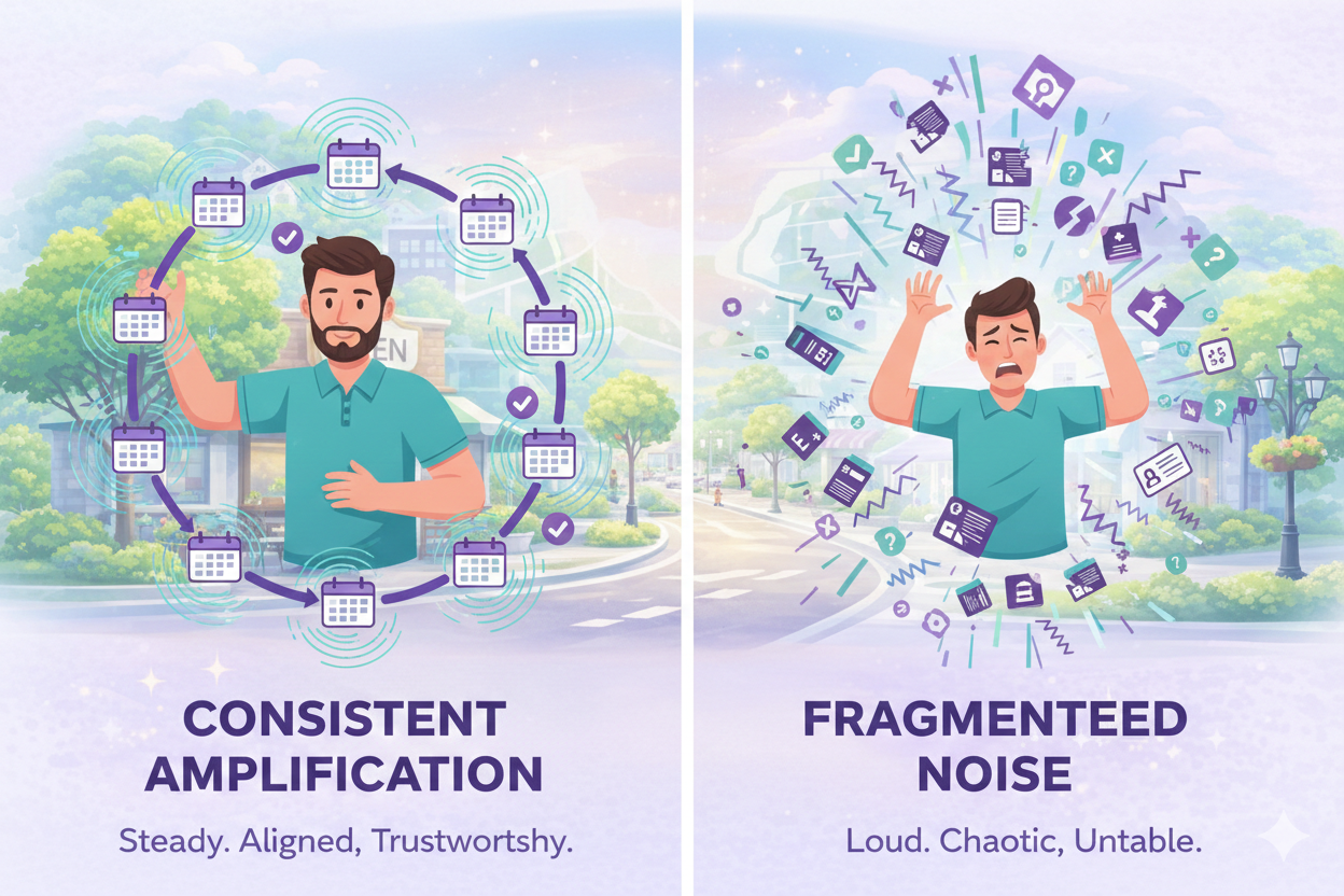 Side by side illustration of steady content scheduling versus chaotic digital noise, highlighting consistent brand amplification, local SEO strategy, and authentic marketing visibility in Wisconsin.