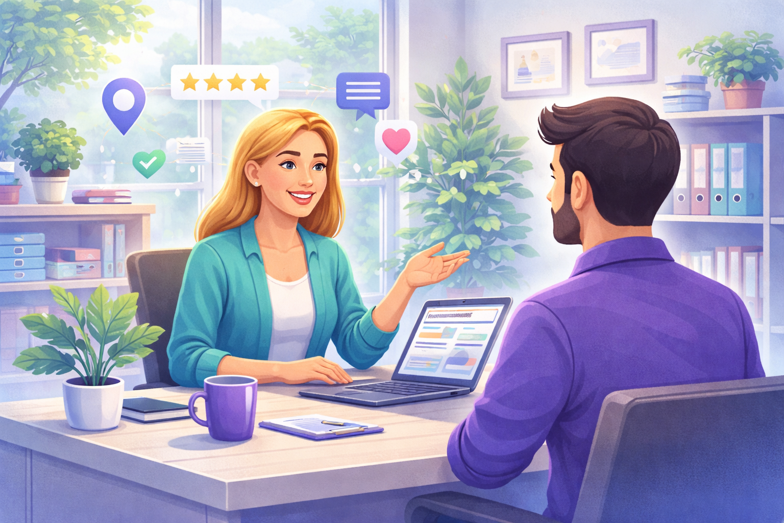 Illustration of a business owner meeting with a potential customer at a desk, discussing services and building trust through local visibility and community-focused marketing.