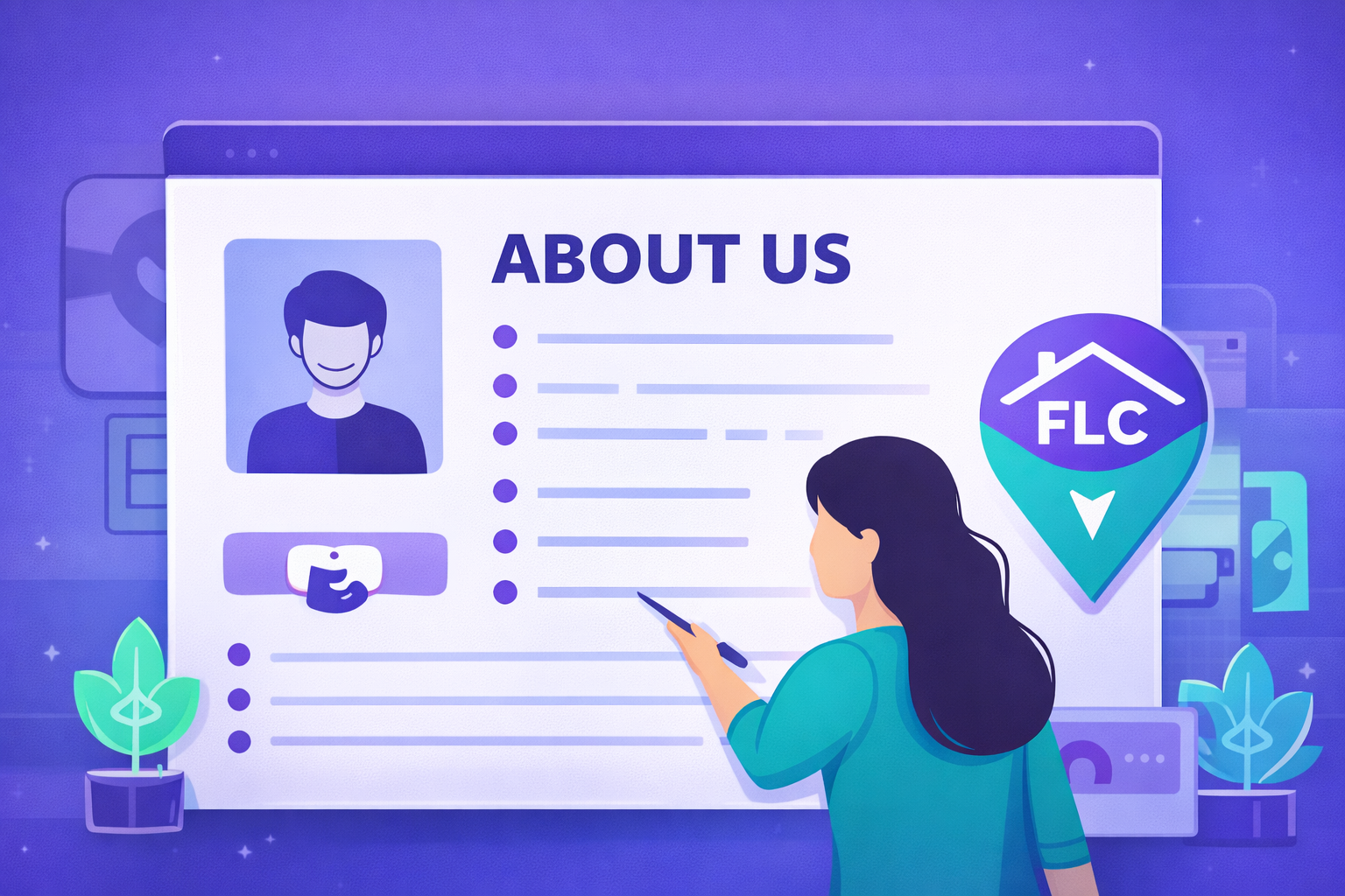 Illustration of a person reviewing an About Us page on a computer screen with profile details and a location pin, showing how About page content supports trust, credibility, and local SEO for small businesses.