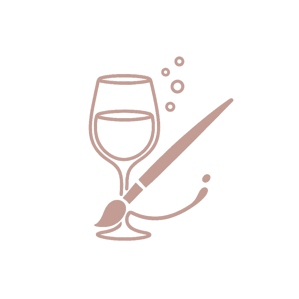 Line drawing of a wine glass filled with wine, accompanied by a paintbrush, with bubbles above the glass, on a black background.