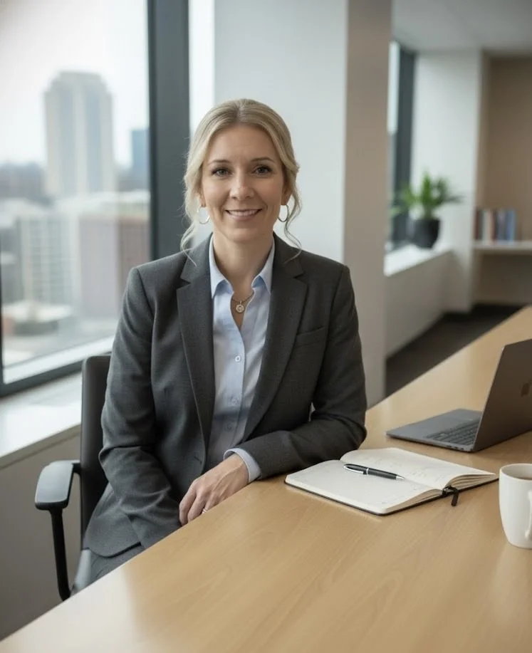 A woman in a gray business suit sitting at a wooden desk in a modern office with large windows and city view, with a laptop, notebook, pen, and coffee mug on the desk.