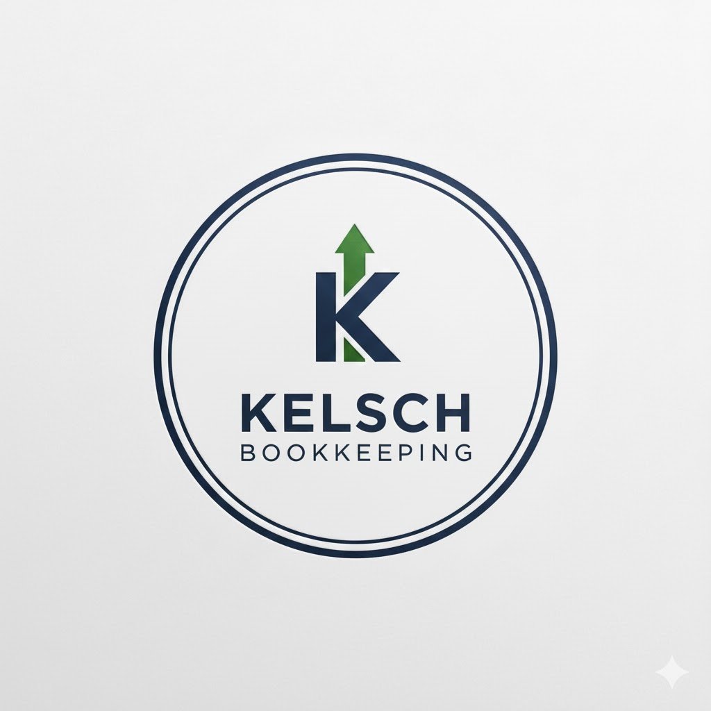 Logo for Kelsch Bookkeeping featuring a stylized 'K' with an upward arrow and the company name.