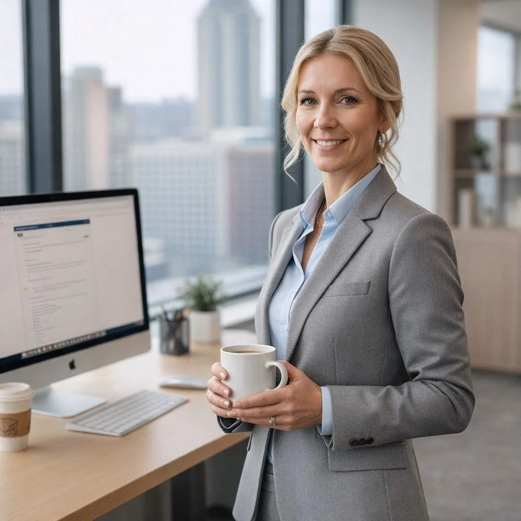 A woman in a gray blazer holding a white mug, standing in an office with large windows and a city view, smiling at the camera.