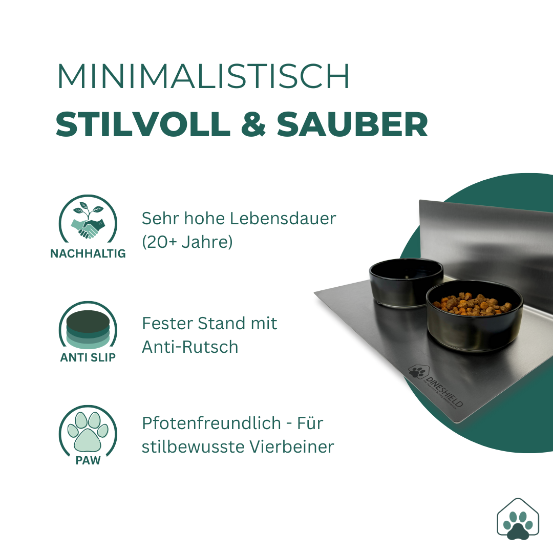 DineShield Key Facts: minimalistisches Premium-Design, hygienisch sauber, langlebiger Edelstahl und fester Stand durch rutschhemmende Pads
