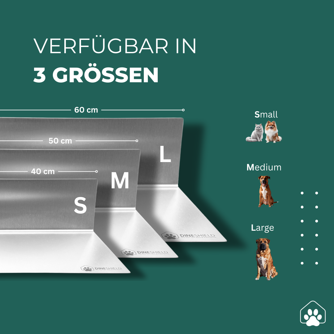 DineShield Größenvergleich: Edelstahl-Napfunterlage in S, M und L – Übersicht der drei verfügbaren Größen