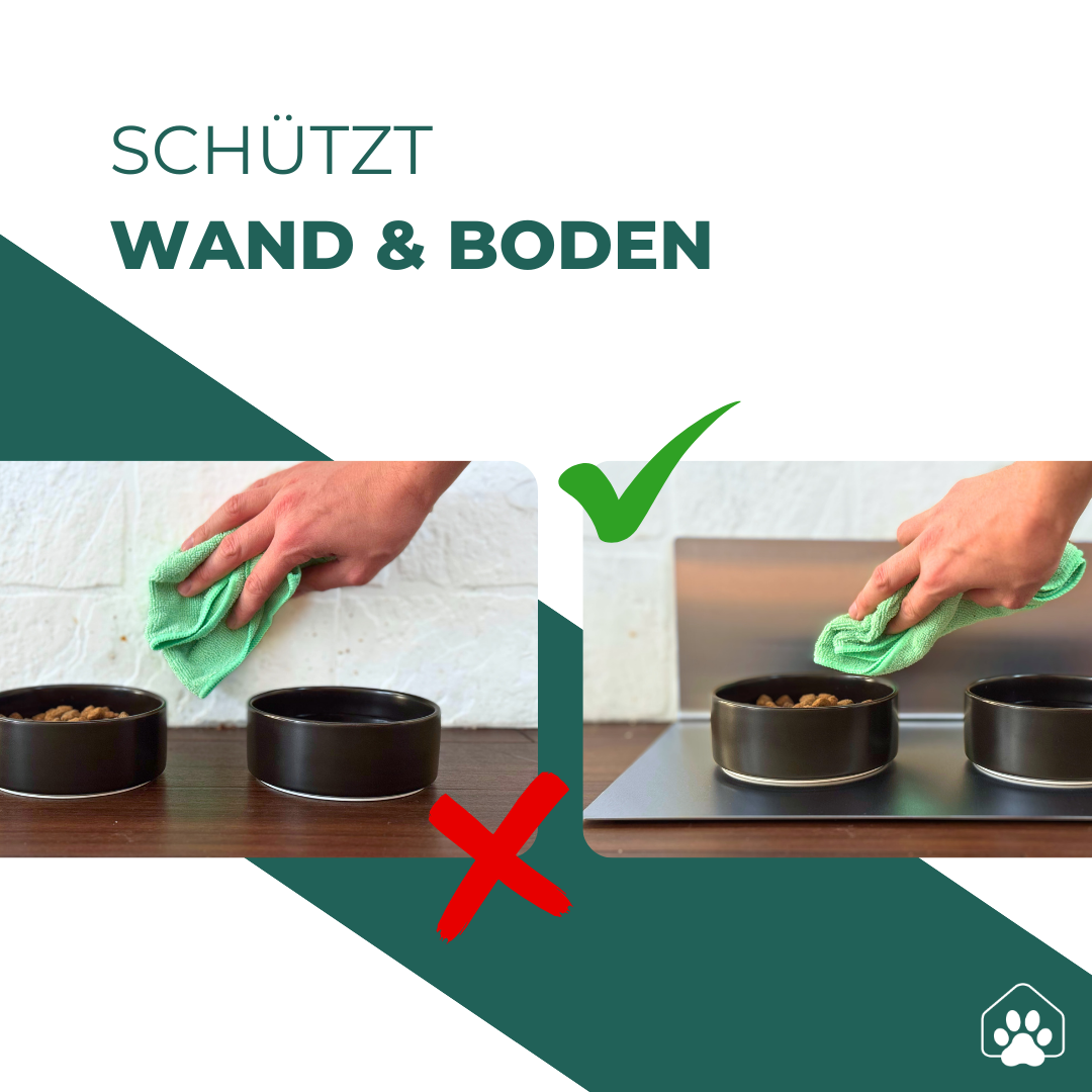 DineShield Spritzschutz: L-Form schützt Wand und Boden am Futterplatz – Hand wischt den Bereich sauber