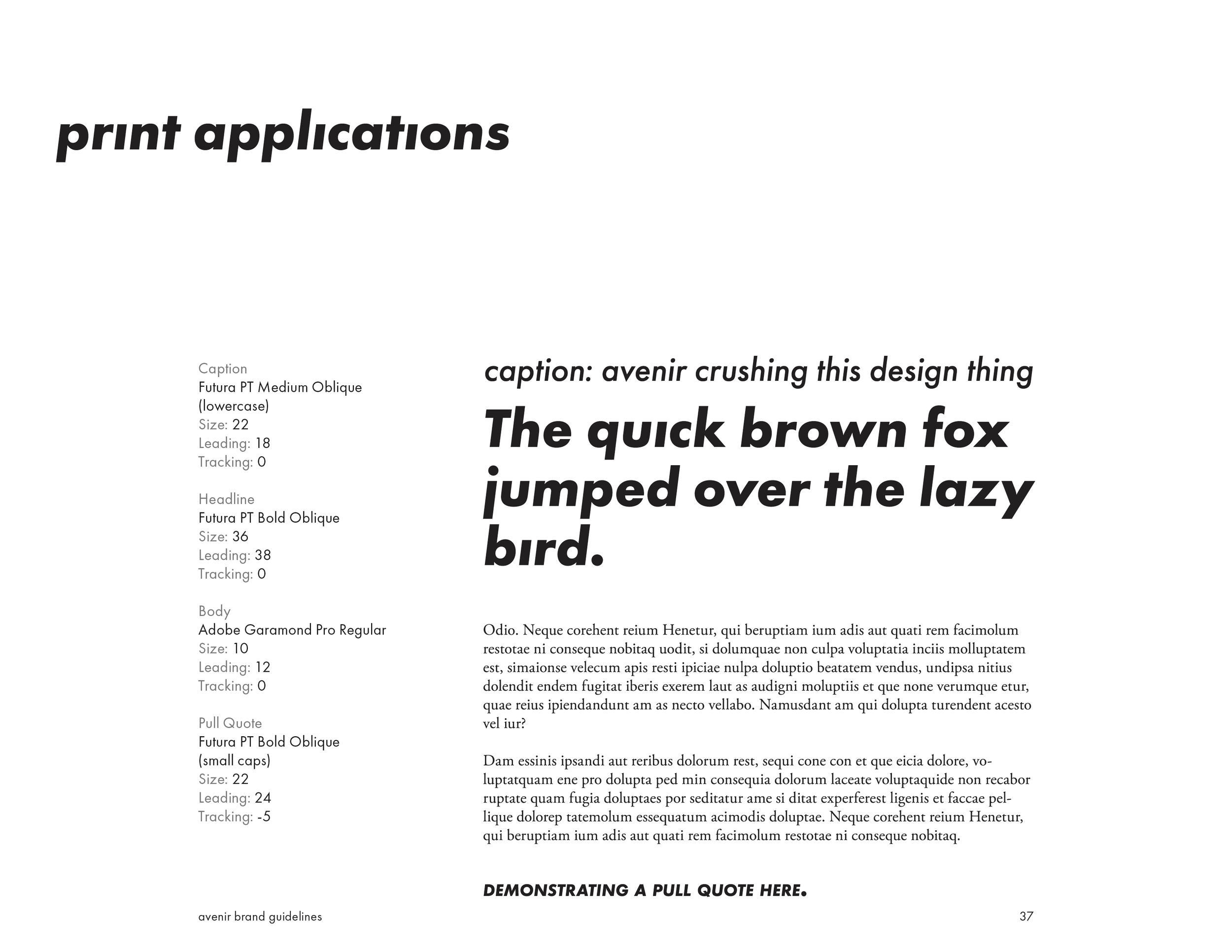 A digital typography and design layout featuring bold, italic, and regular fonts with sample text, style specifications, and a layout showing a large, bold quote in the center.