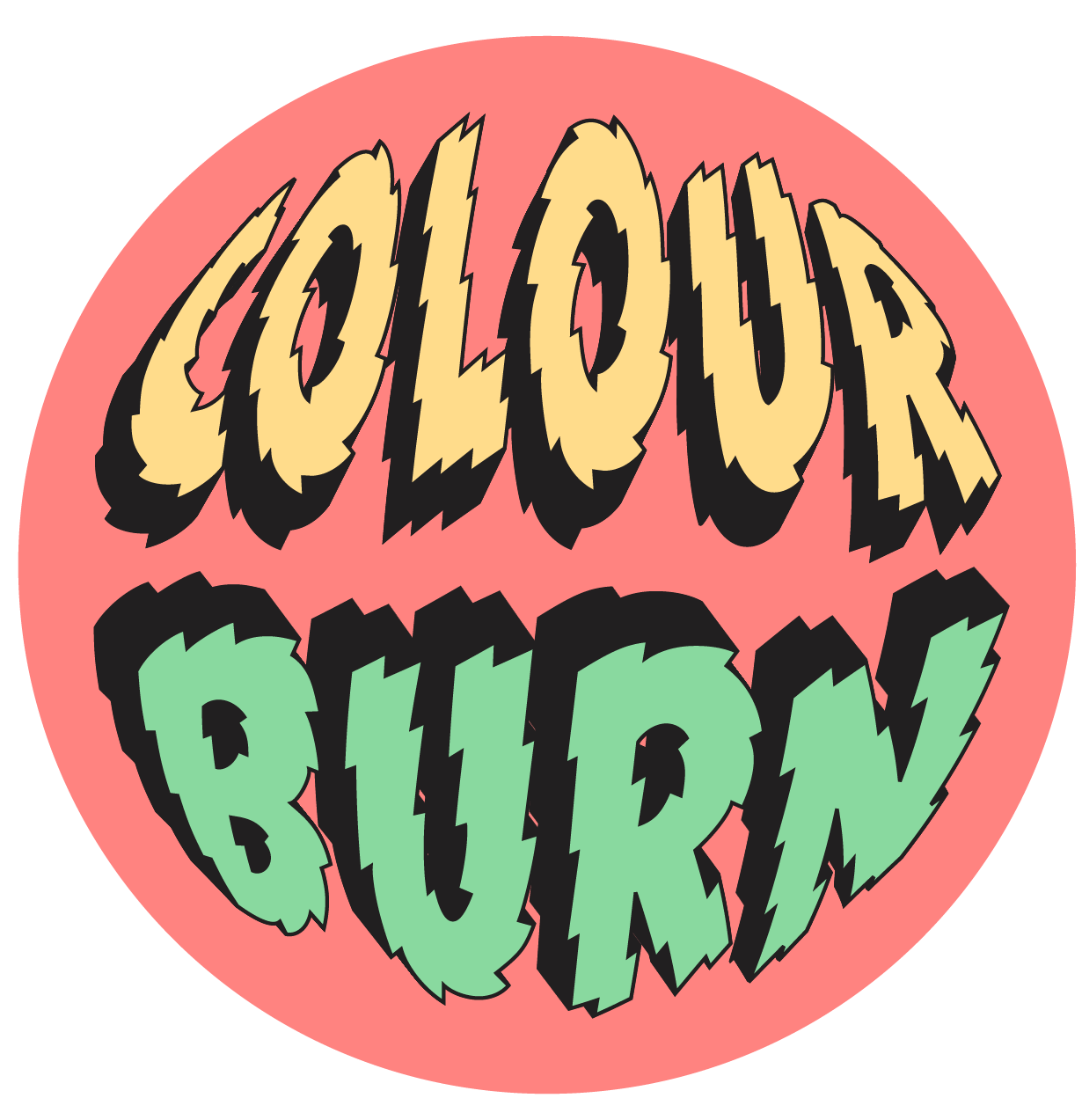 A graphic with the words 'COLOR YOUR BRAIN' in stylized, comic-like text on a pink circular background.