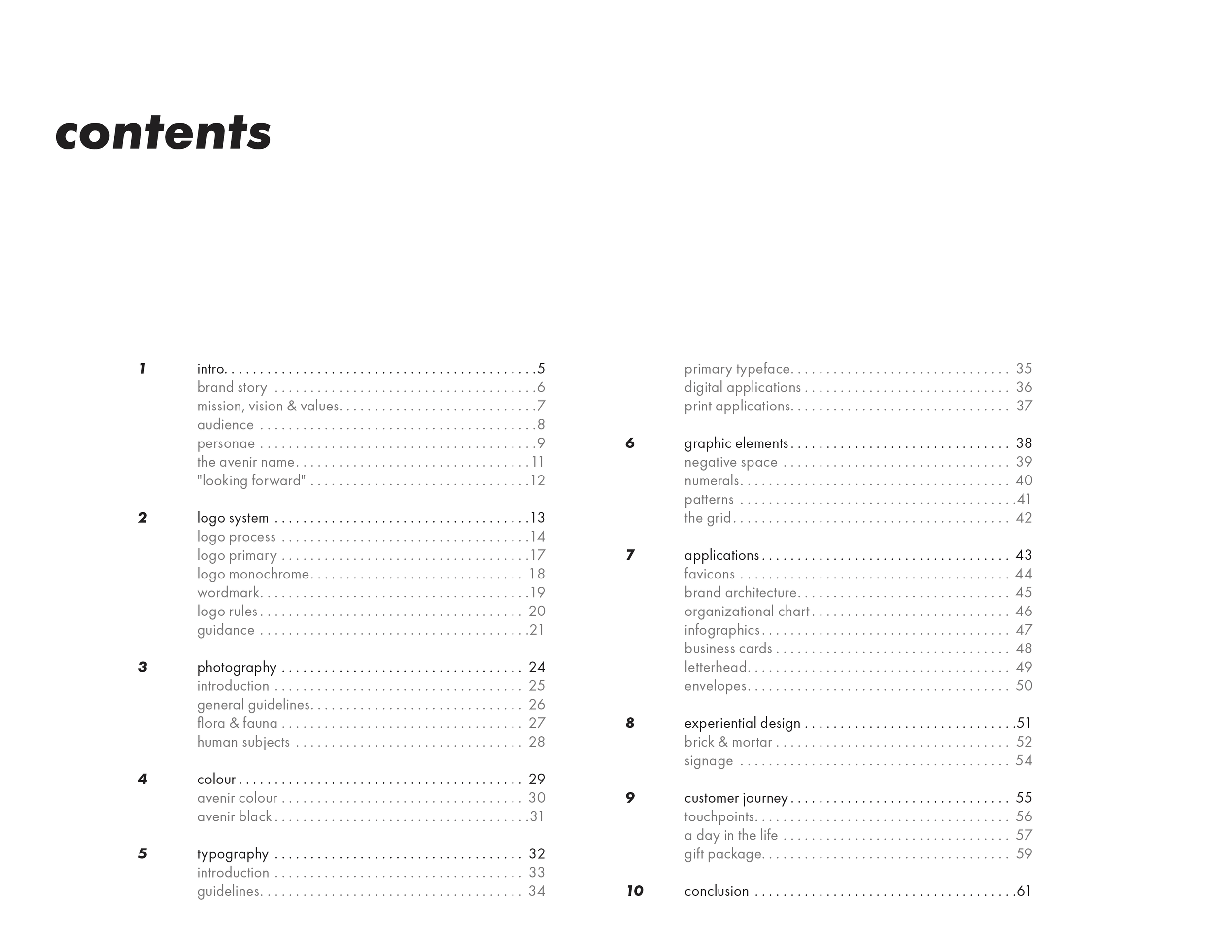 Table of contents page from a book, listing chapters on design topics such as logo systems, photography, color, typography, graphic elements, applications, experiential design, customer journey, and conclusion.