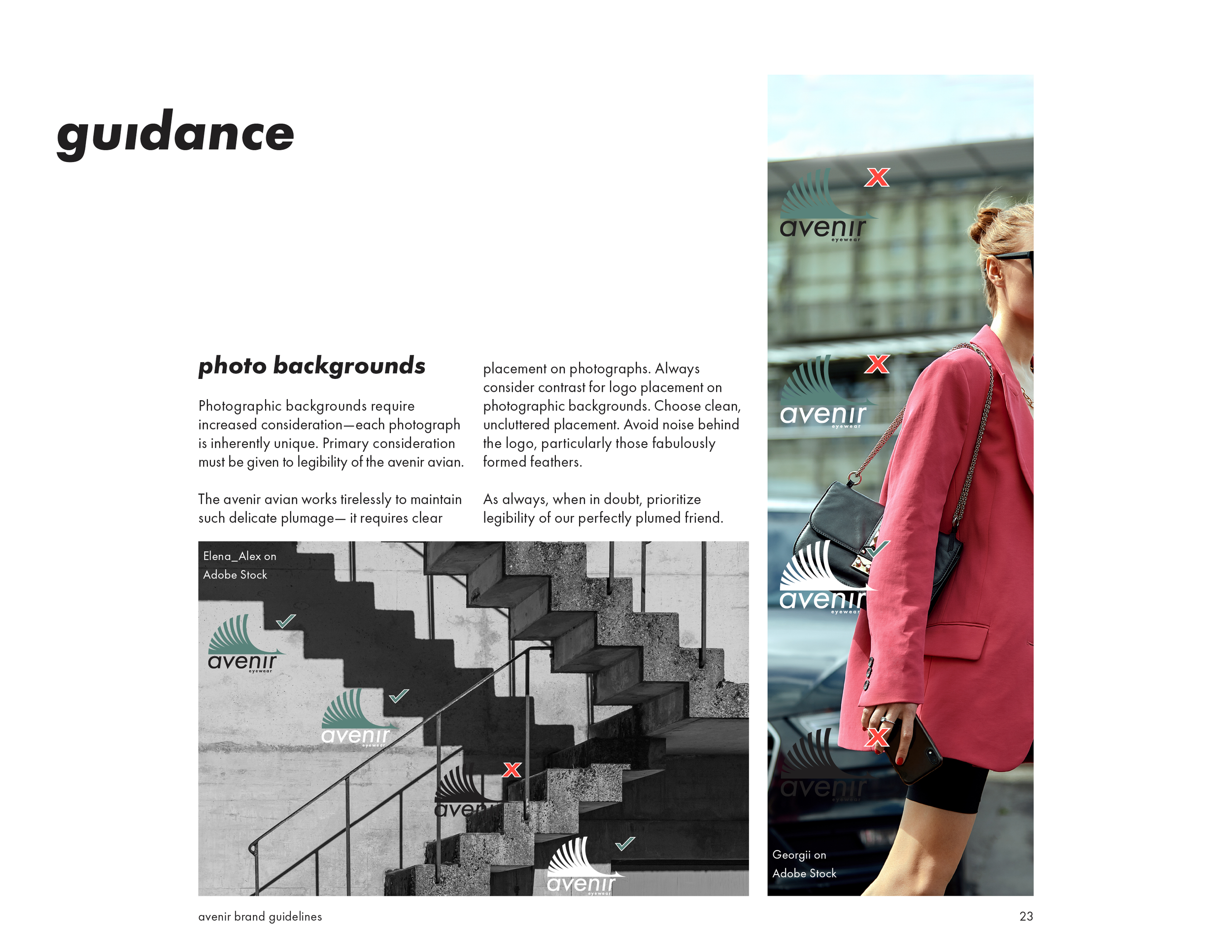 Guidance on logo placement for Avenir eyewear, showing examples on a staircase and a woman wearing a pink blazer holding a phone.