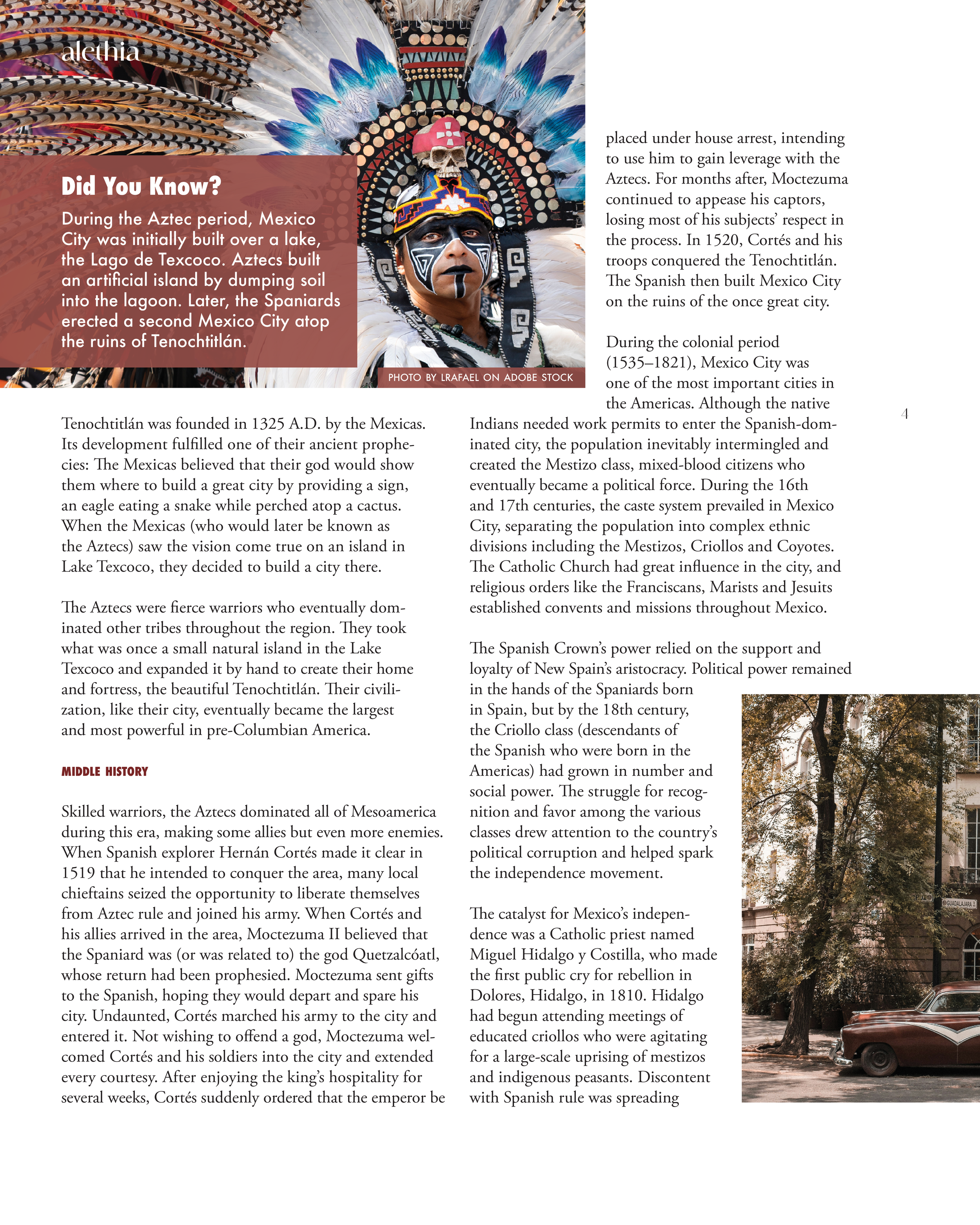 A person dressed as an Aztec warrior with elaborate feathered headdress and face paint.