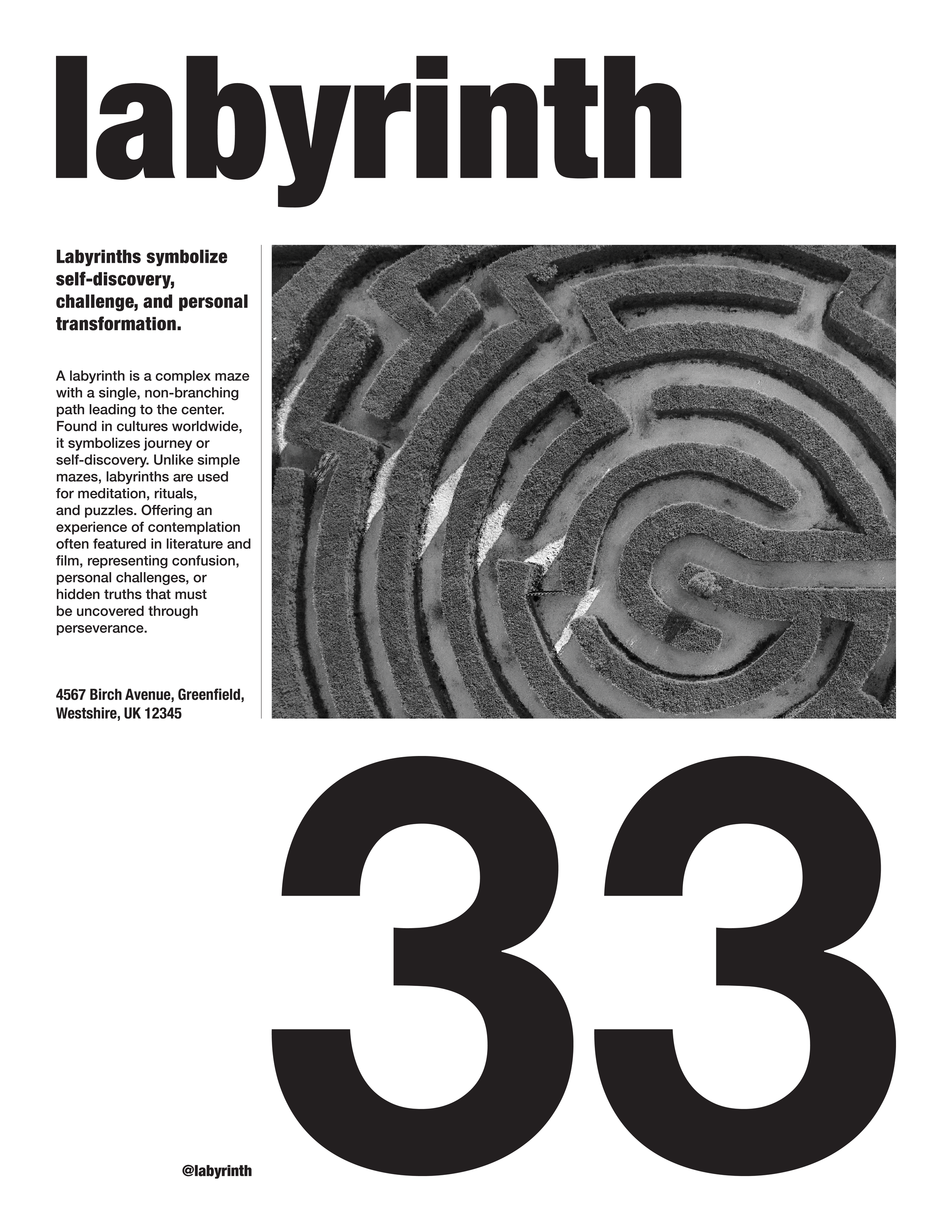 Poster about labyrinth, featuring a black and white photograph of a maze with winding paths, bold heading 'labyrinth', and large number '33'