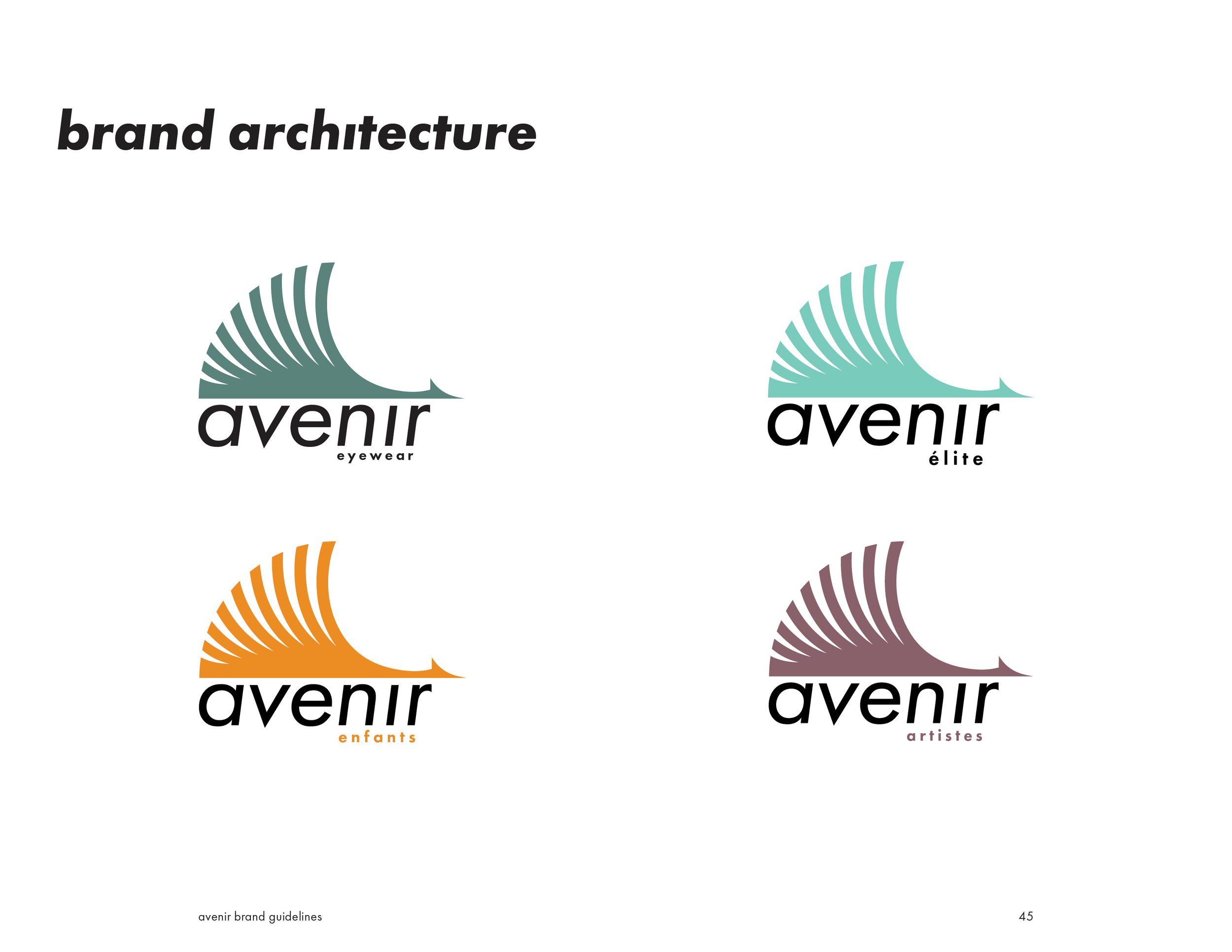 Four logo designs for the brand 'avenir' in different colors, each with a stylized feather or wing graphic and various descriptive words underneath, such as eyewear, elite, enfants, and artistes.