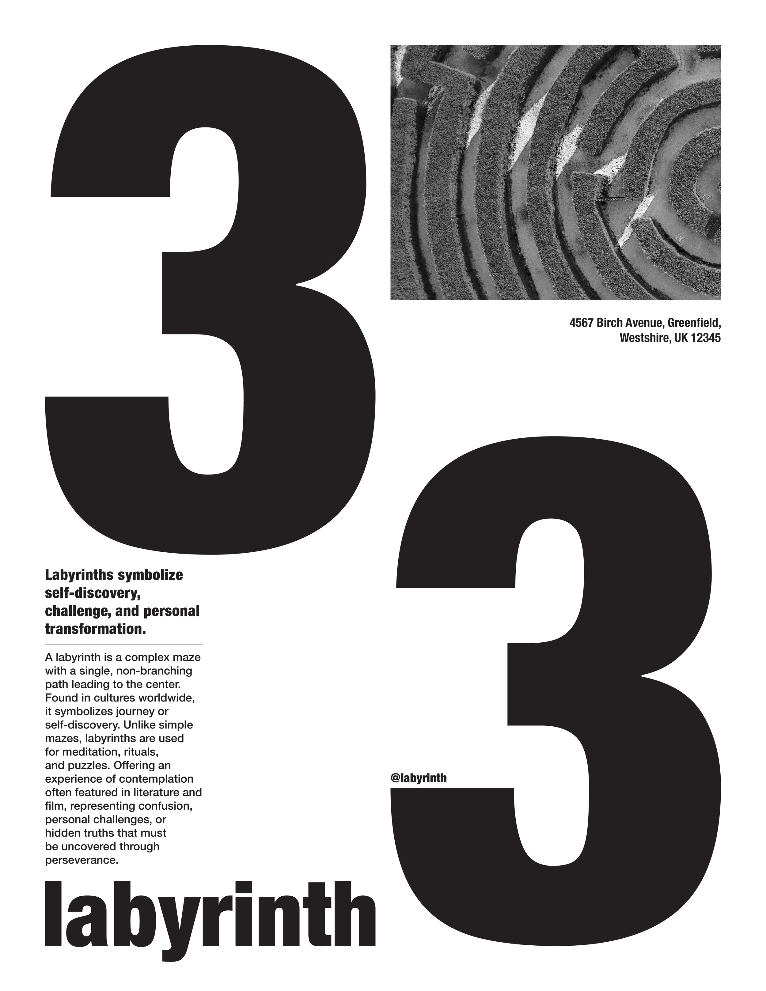 A poster with the numbers 3 and 2 in large black font, a small image of an aerial view of a labyrinth located at 4567 Birch Avenue, Greenfield, Westshire, UK 12345, and text explaining the symbolism of labyrinths related to self-discovery and transfo