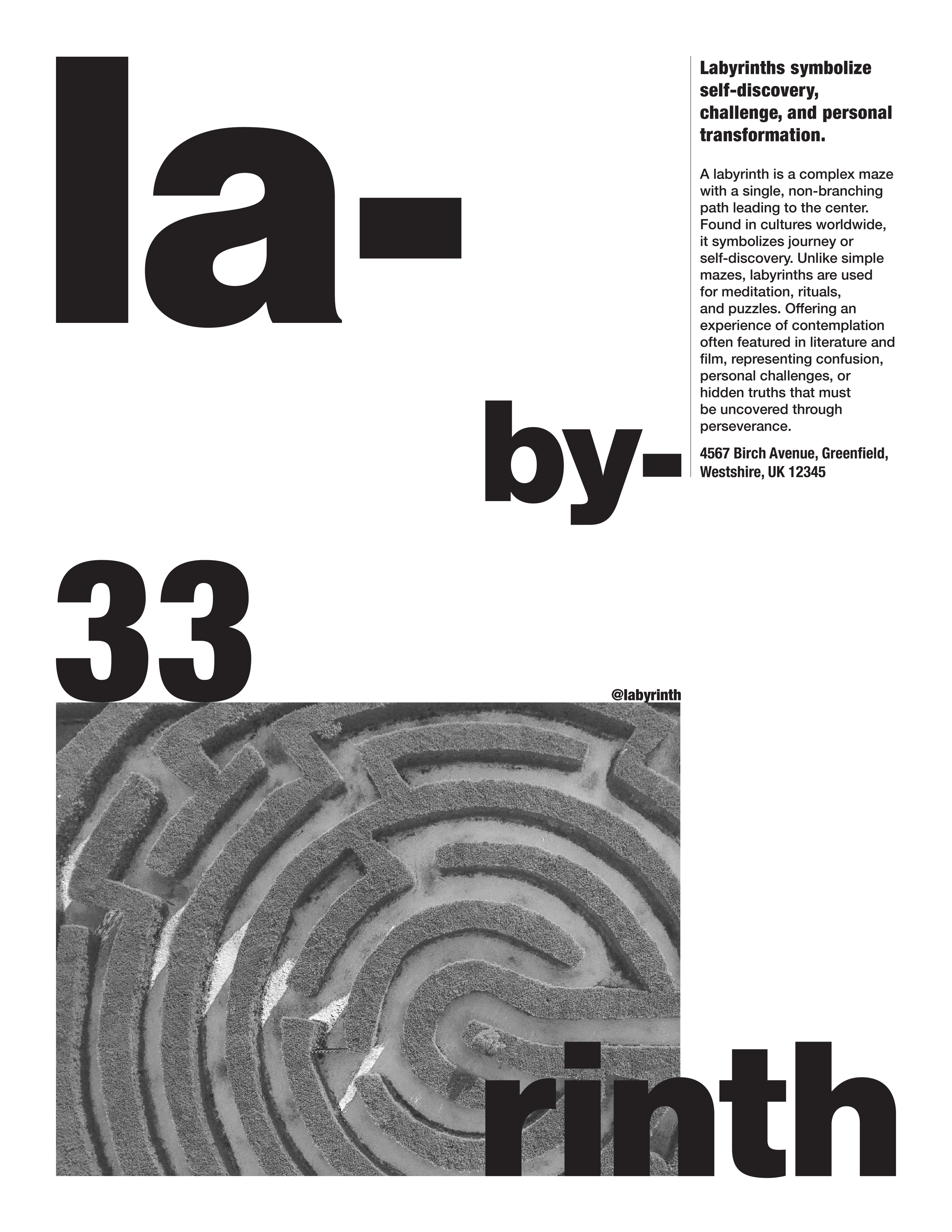 A black and white poster that reads 'la by 33 rith' with a maze image in the lower left corner and an informational paragraph about labyrinths on the right side.