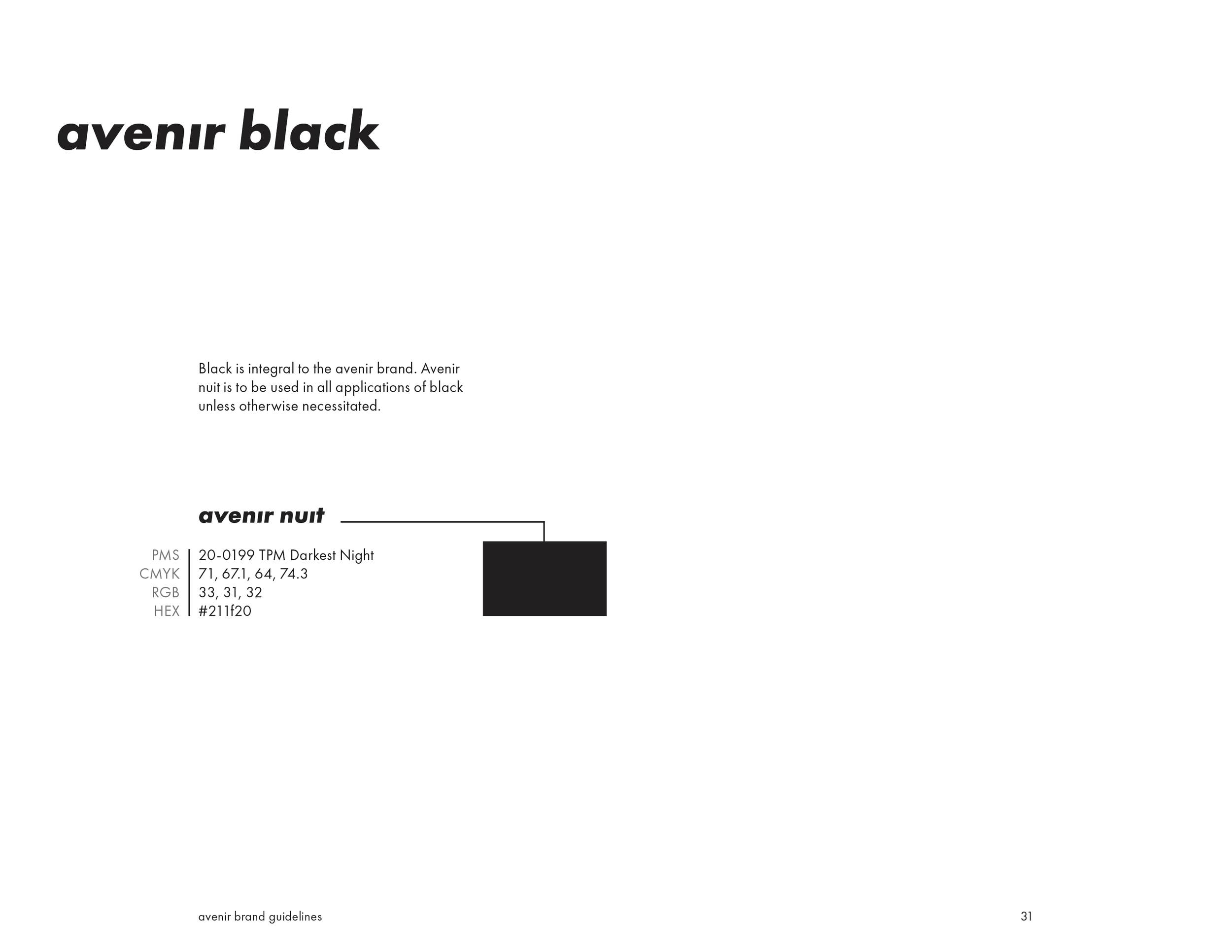 Design page from Avenir branding guidelines showing a black color swatch labeled 'avenir black' with color specifications