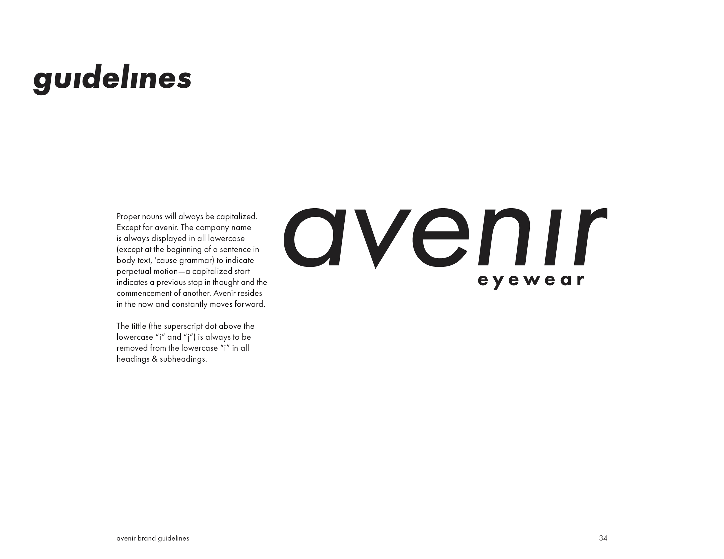 Brand guidelines page for Avenir Eyewear, with a large modern typeface displaying the brand name and a section of text explaining proper noun capitalization rules.