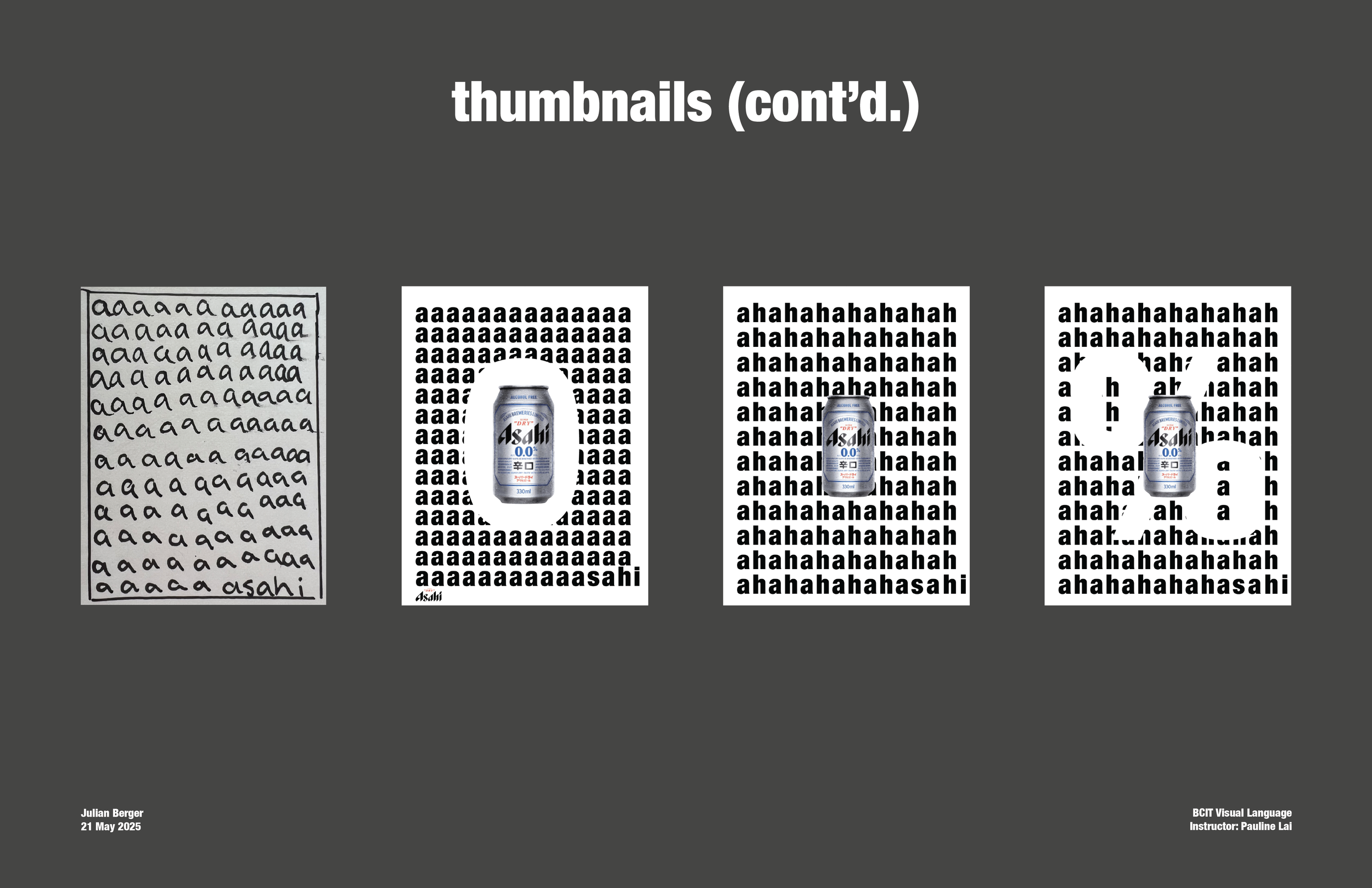 Series of four images illustrating the progression of Thumbnail images with text overlays and a can of Asahi beer in the center of each, with the last featuring a cut-out effect revealing the beer can.