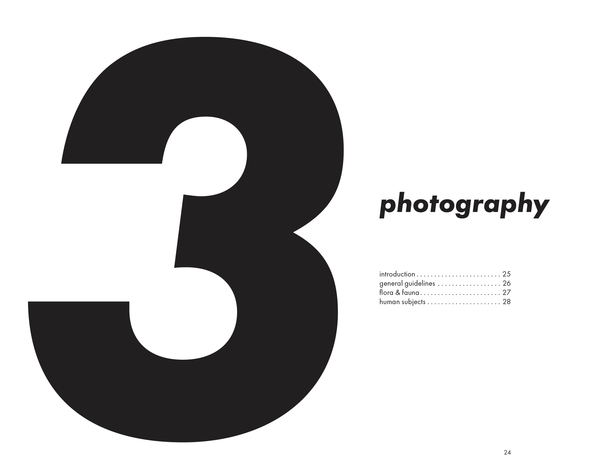 Page from a photography book with a large black number 3 and the word photography in bold black font, alongside a list of sections: introduction, general guidelines, flora & fauna, human subjects, with corresponding page numbers.