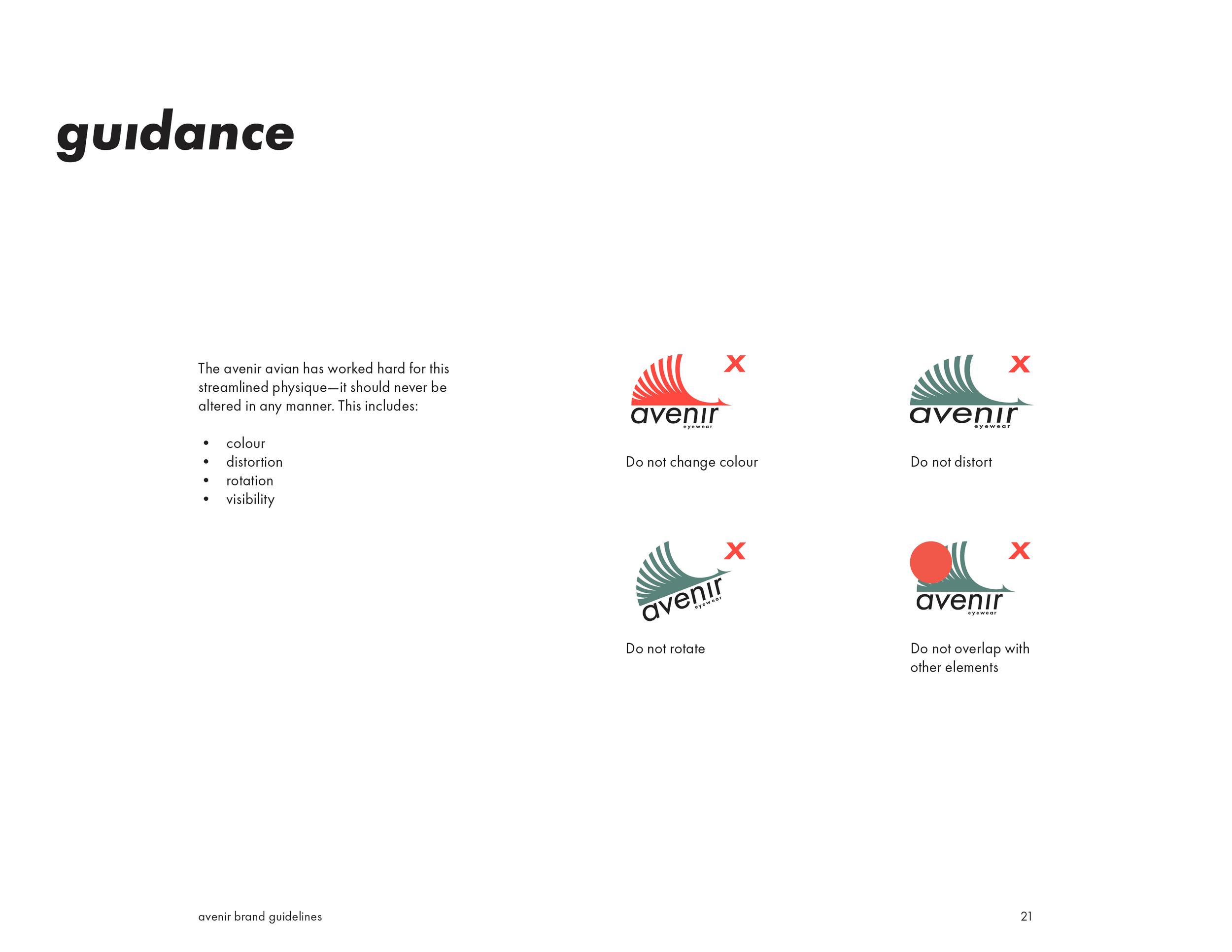 Guidelines for logo usage showing correct and incorrect examples, including no color change, no distortion, no rotation, and no overlapping with other elements.