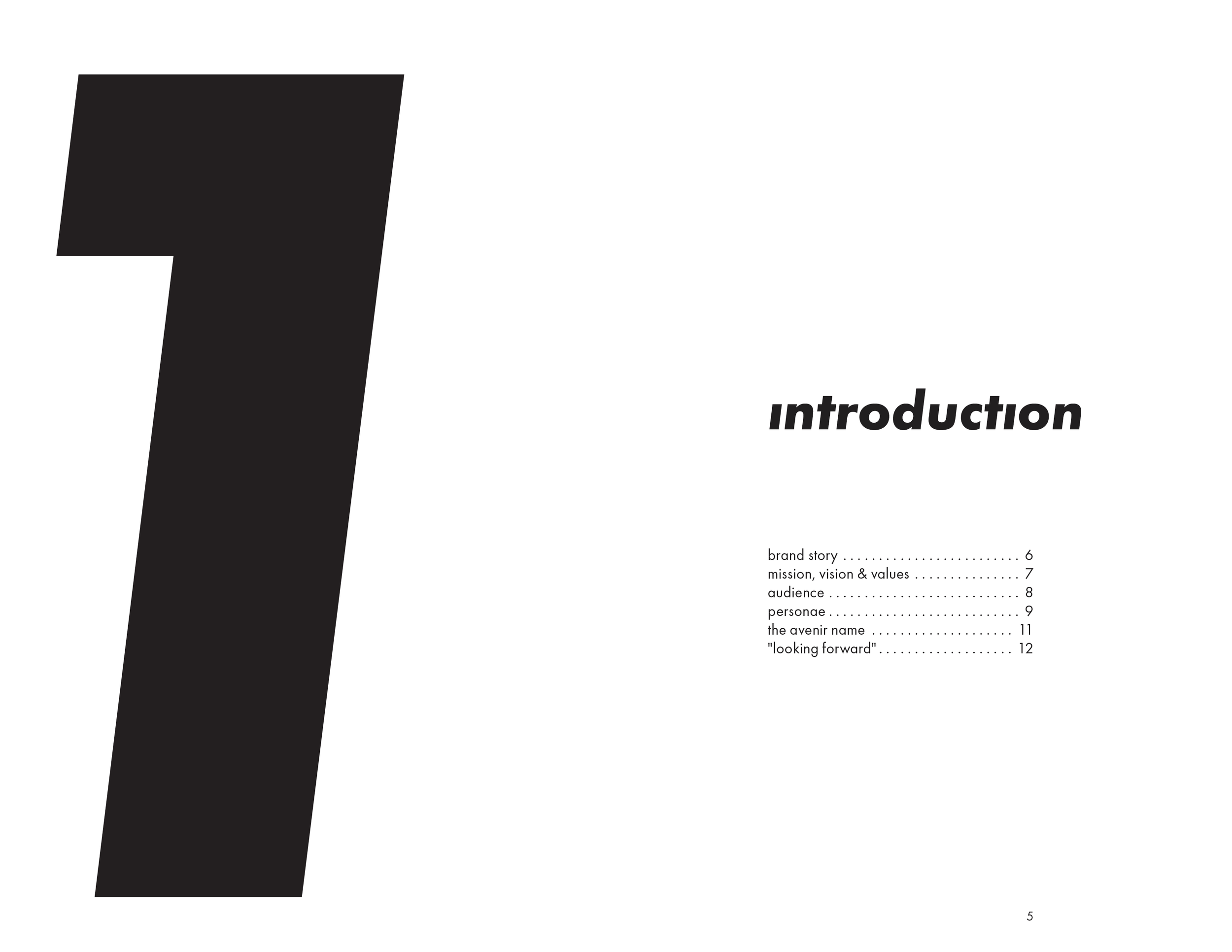 A page from a book or presentation titled 'Introduction' with a large black diagonal shape on the left side, black bold italicized 'Introduction' text on the right, and a list of topics with page numbers underneath.