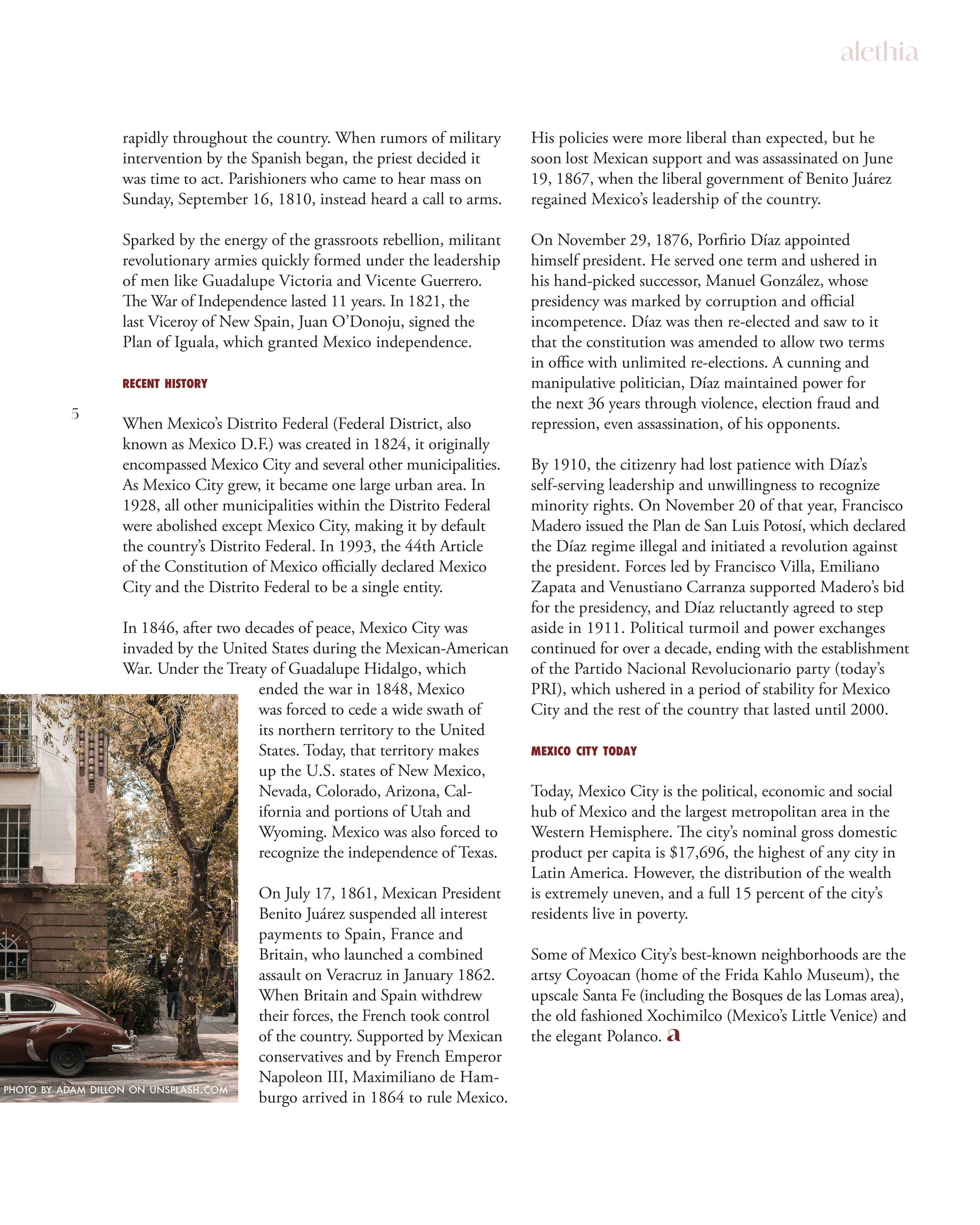 A page from a book or magazine about the history and present of Mexico City, including text and a small image of a street scene with cars and trees.