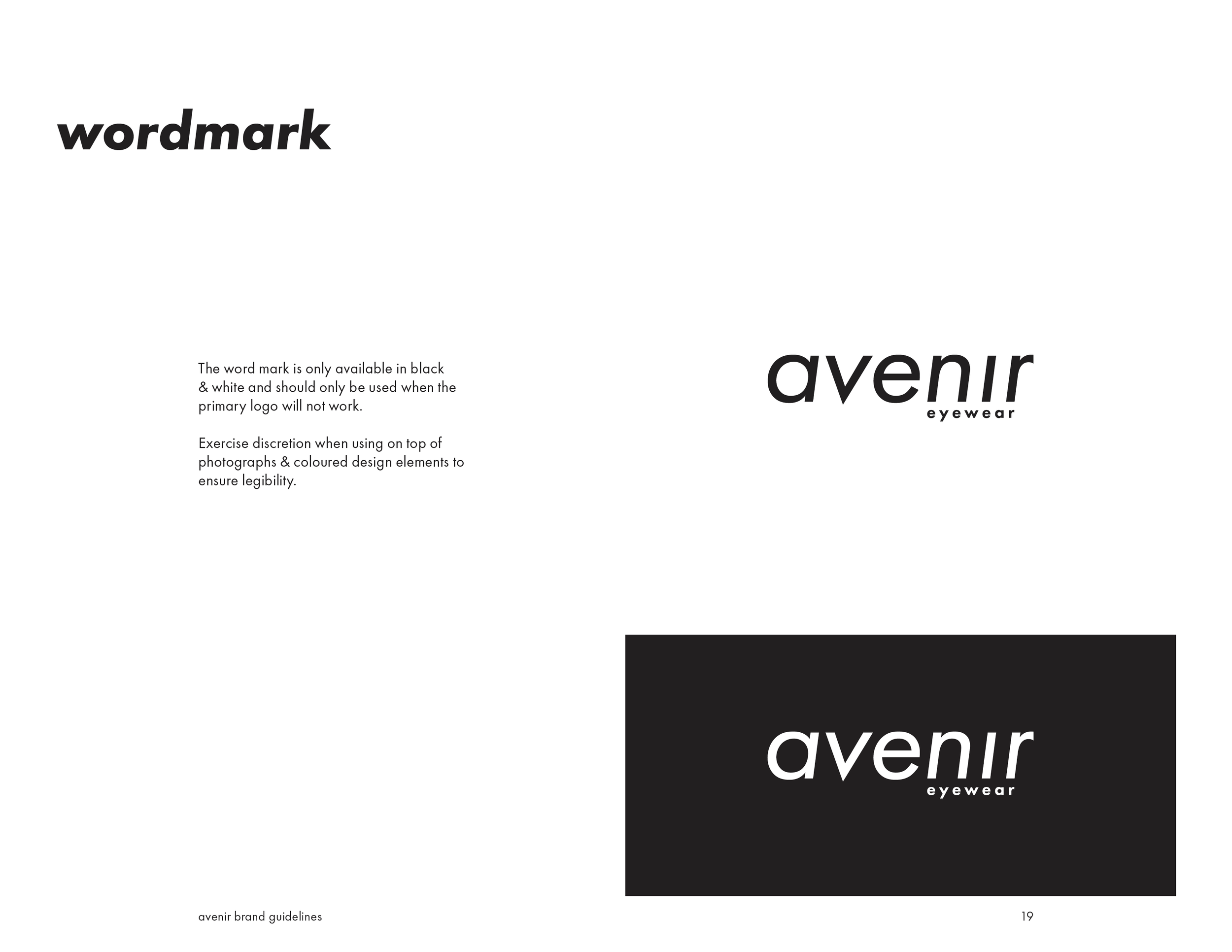Comparison of the 'avenir' logo in black and white and on a black background, with brand guidelines and instructions for usage.
