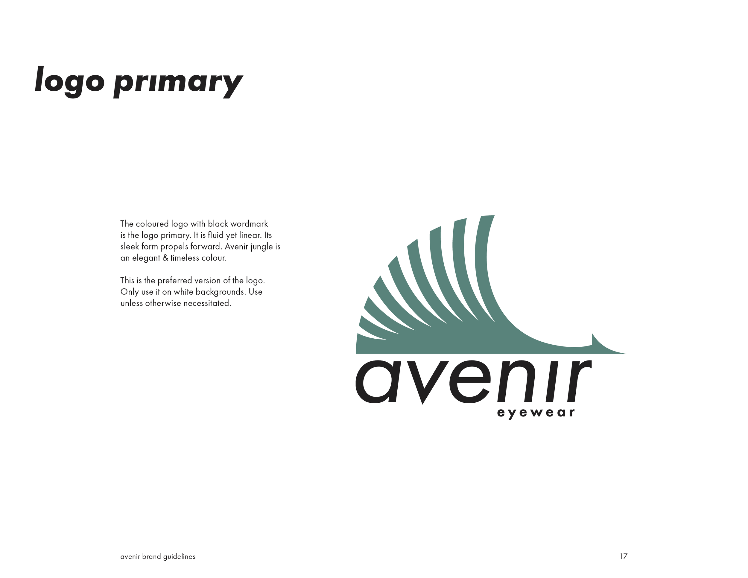Page from a branding guide with a large logo of stylized green palm leaves and the word "avenir" in lowercase black letters, with small text beneath that reads "eyewear." There is a paragraph explaining logo usage and a section titled "logo primary."