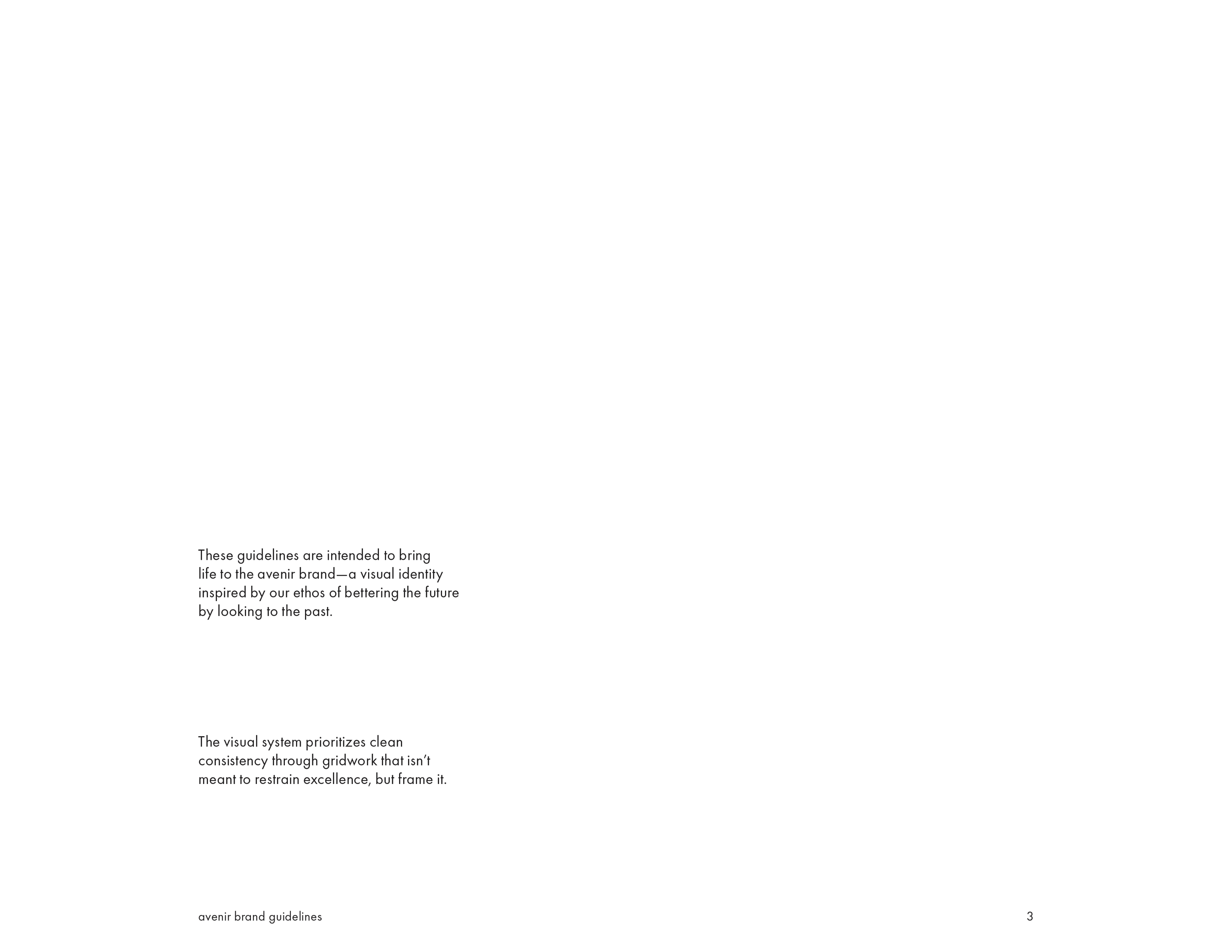 Page from a branding guideline document with minimal text, describing visual identity and gridwork principles for Avenir brand.