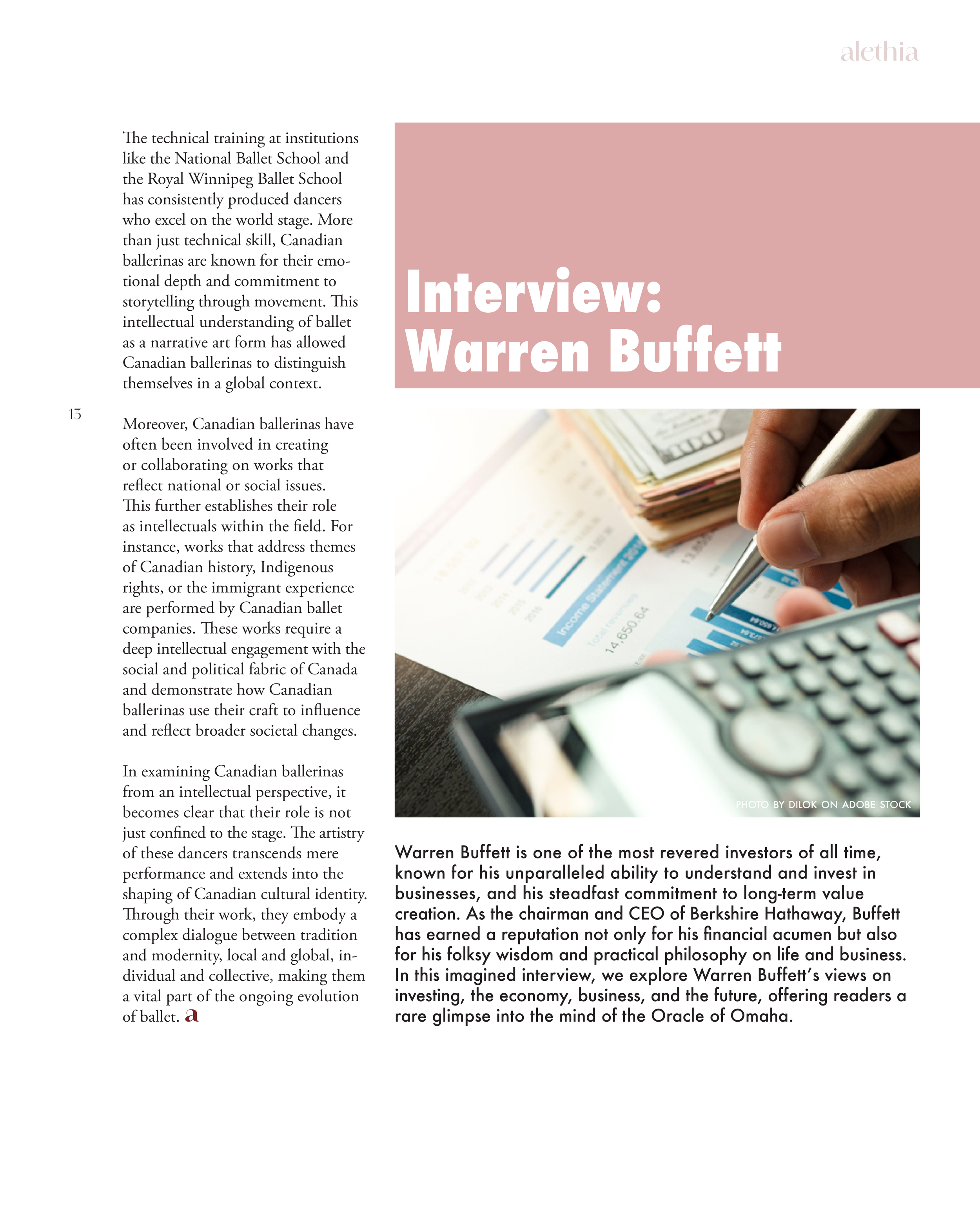 Page from a magazine featuring an interview with Warren Buffett, including a photo of his hand holding a pen over financial documents, with a calculator nearby.