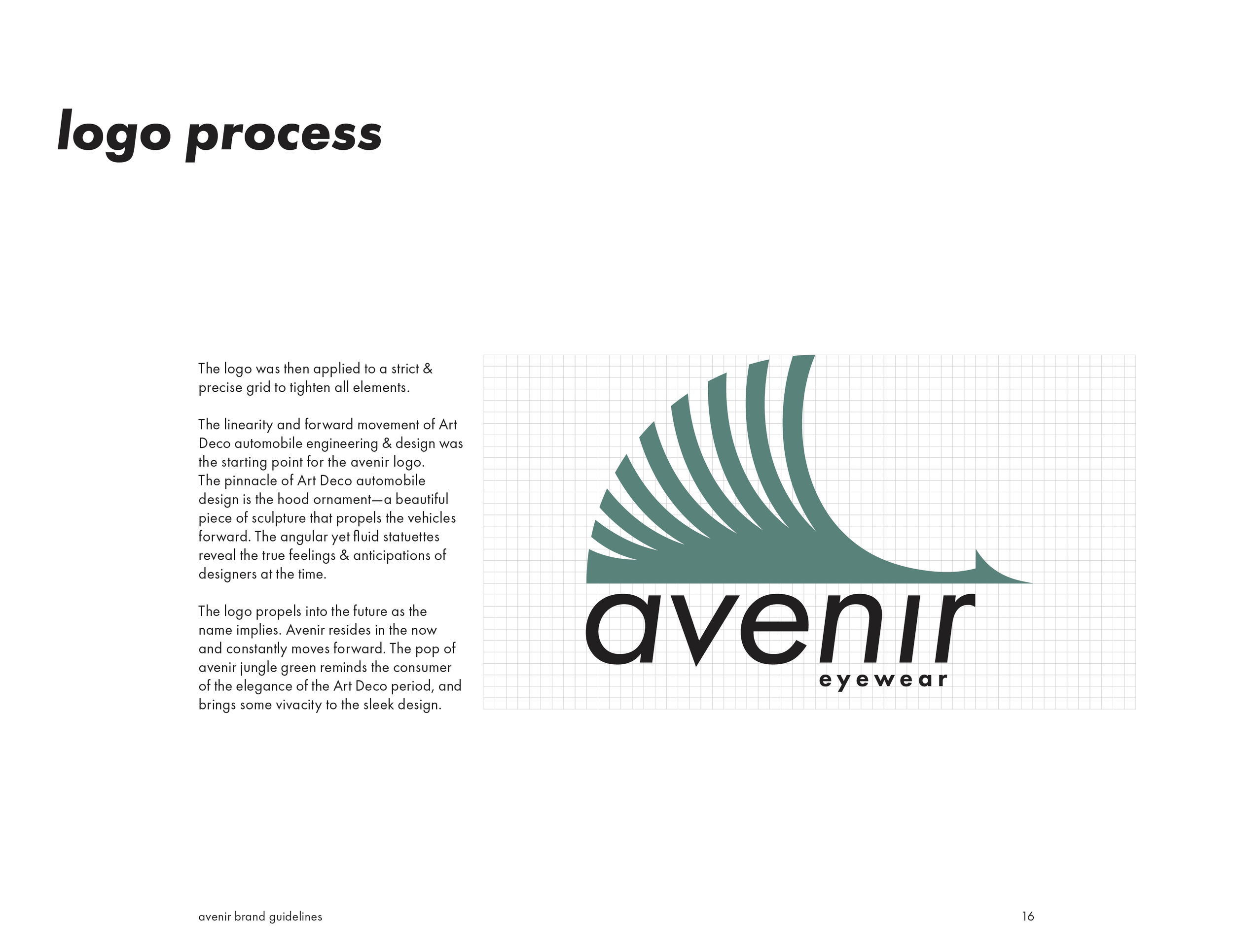 A logo process page showing the evolution of the Avenir Eyewear logo, with a stylized, curved graphical element and the words 'avenir eyewear' underneath on a grid background.
