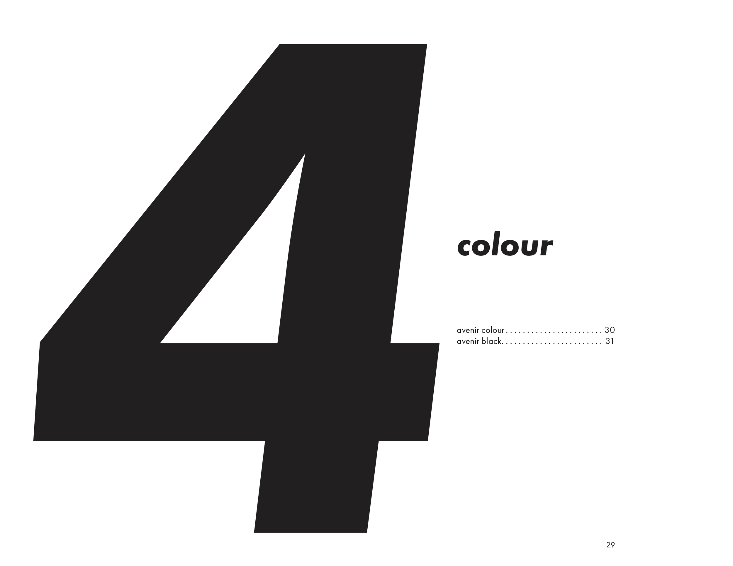 Page number 29 from a book or catalog with a large black number 4 on the left. The word 'colour' is written in bold black text, with the word 'avenir colour' and 'avenir black' listed below, each followed by dot leaders and page numbers 30 and 31.