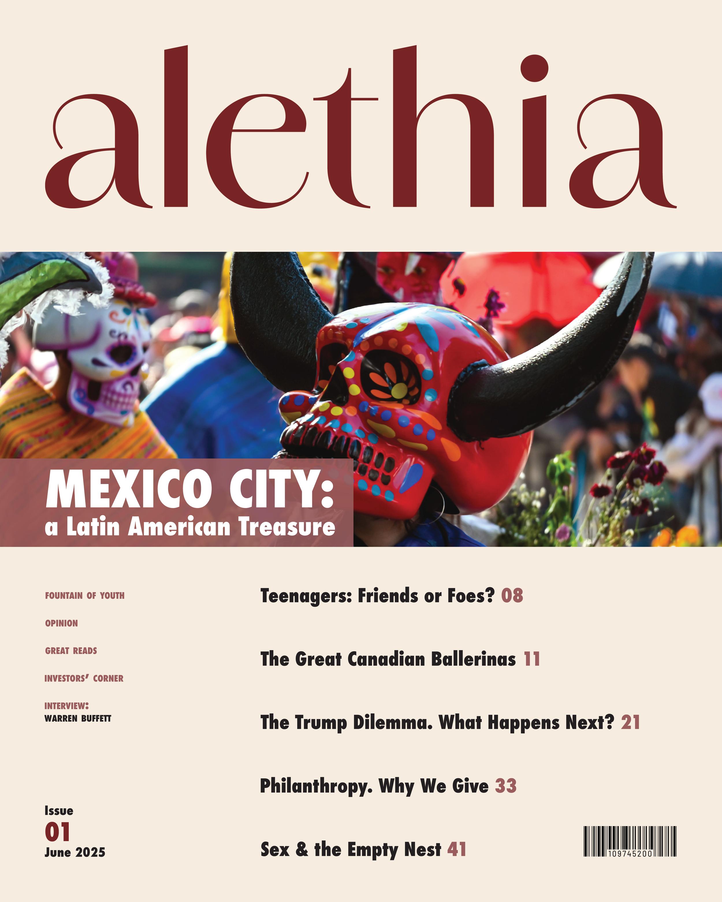 Colorful traditional Mexican celebration with masked dancers, including one with a vivid skull mask and large black horns, among a crowd of people.