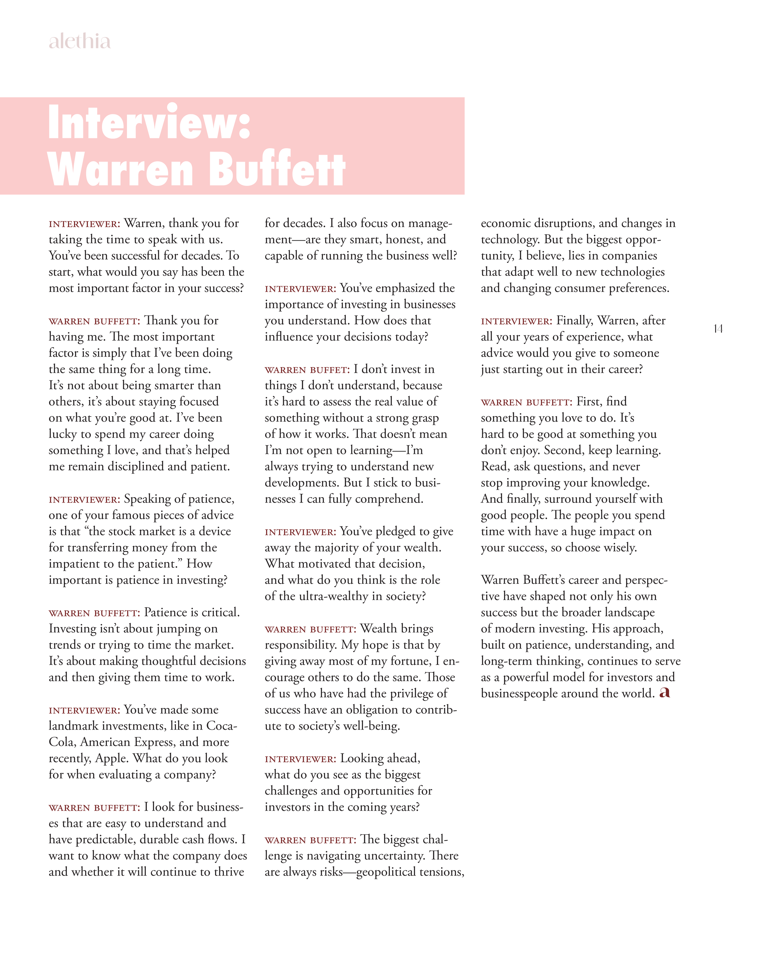 Screenshot of an interview article with Warren Buffett discussing investment strategies, business management, and societal responsibilities.