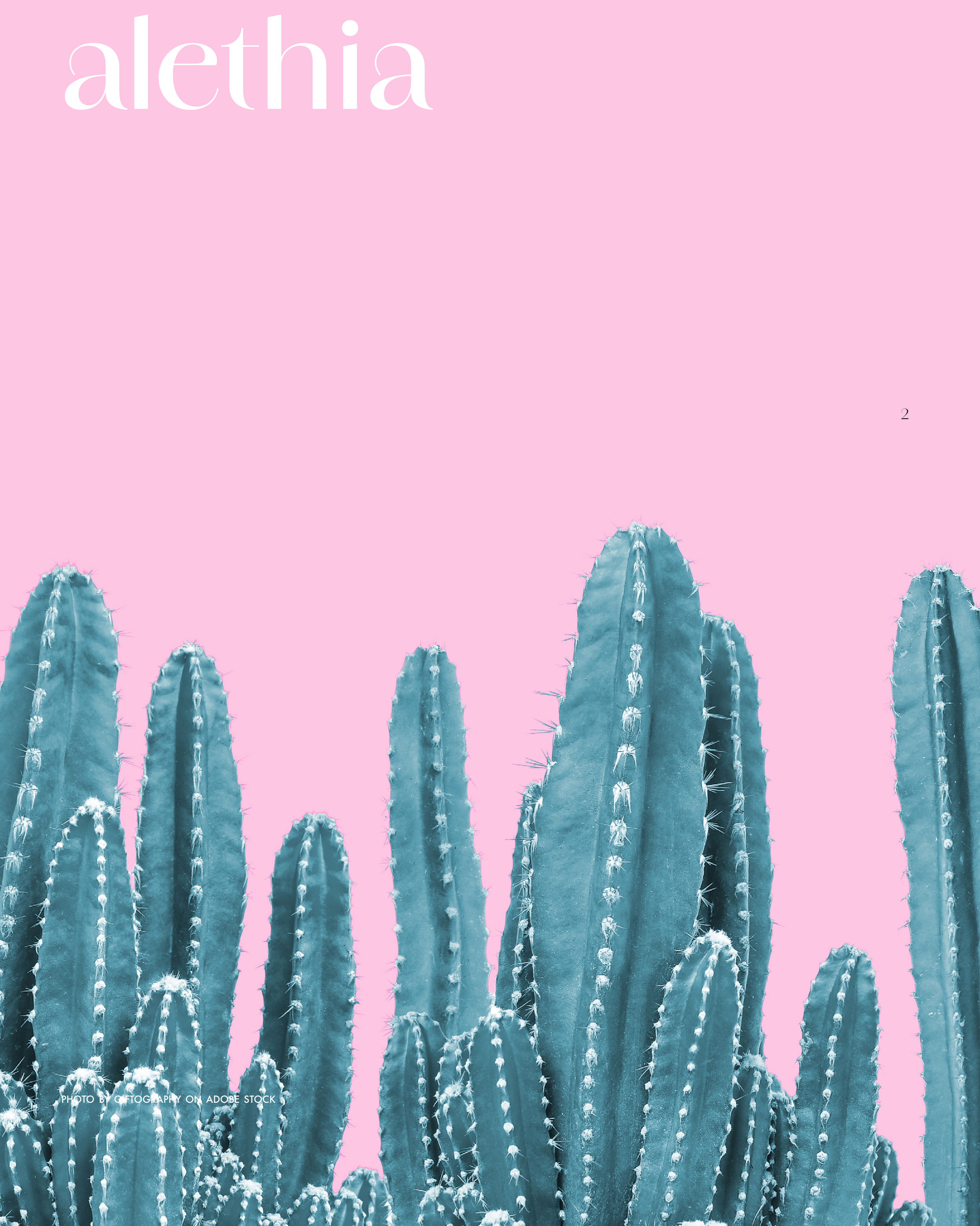 Cover page of a magazine or book titled 'alethia' with pink background and blue cacti at the bottom