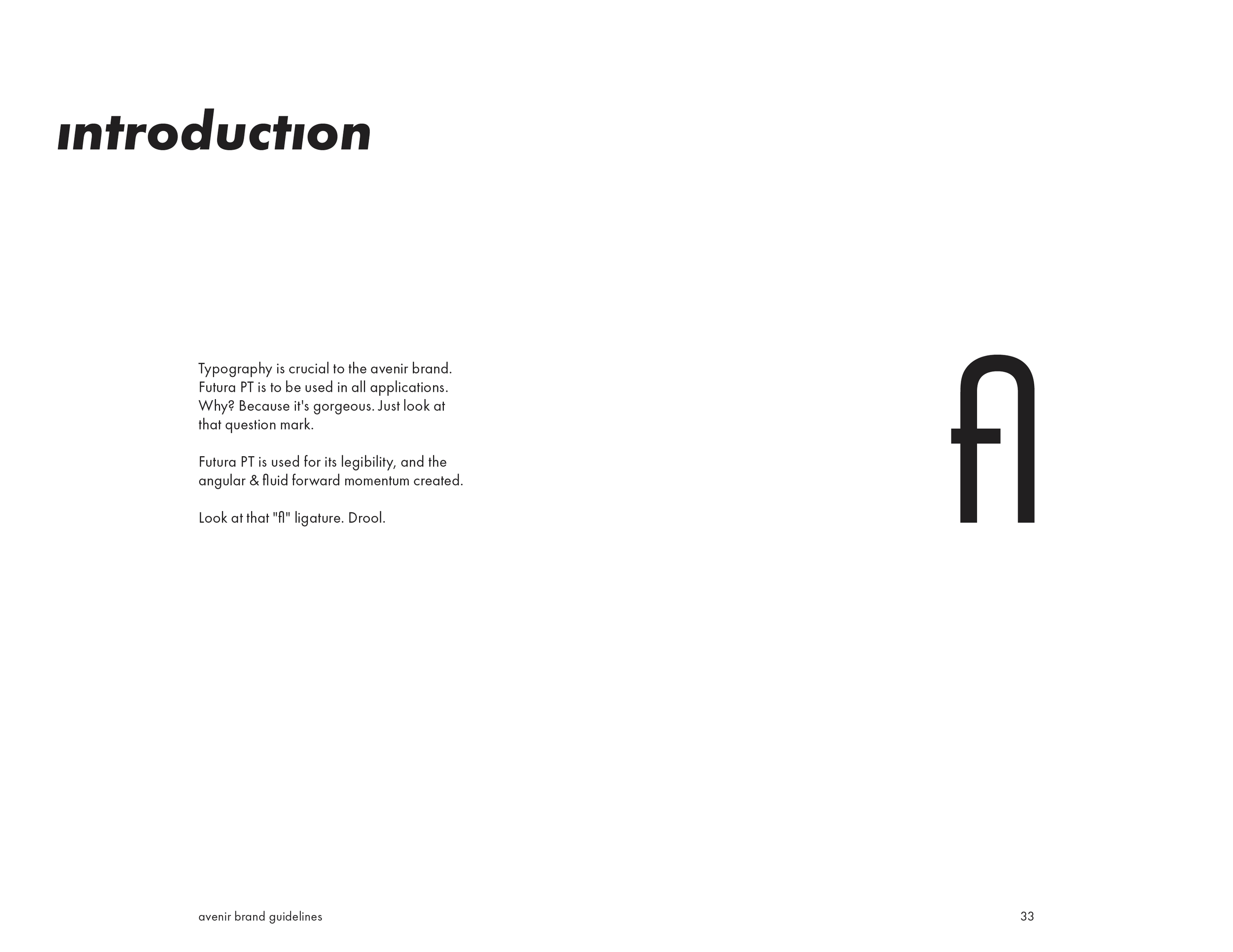 Page titled 'Introduction' with a paragraph about typography, featuring the letter 'f' in a large, stylized font on the right side and small text at the bottom indicating it is from the avenir brand guidelines, page 33.