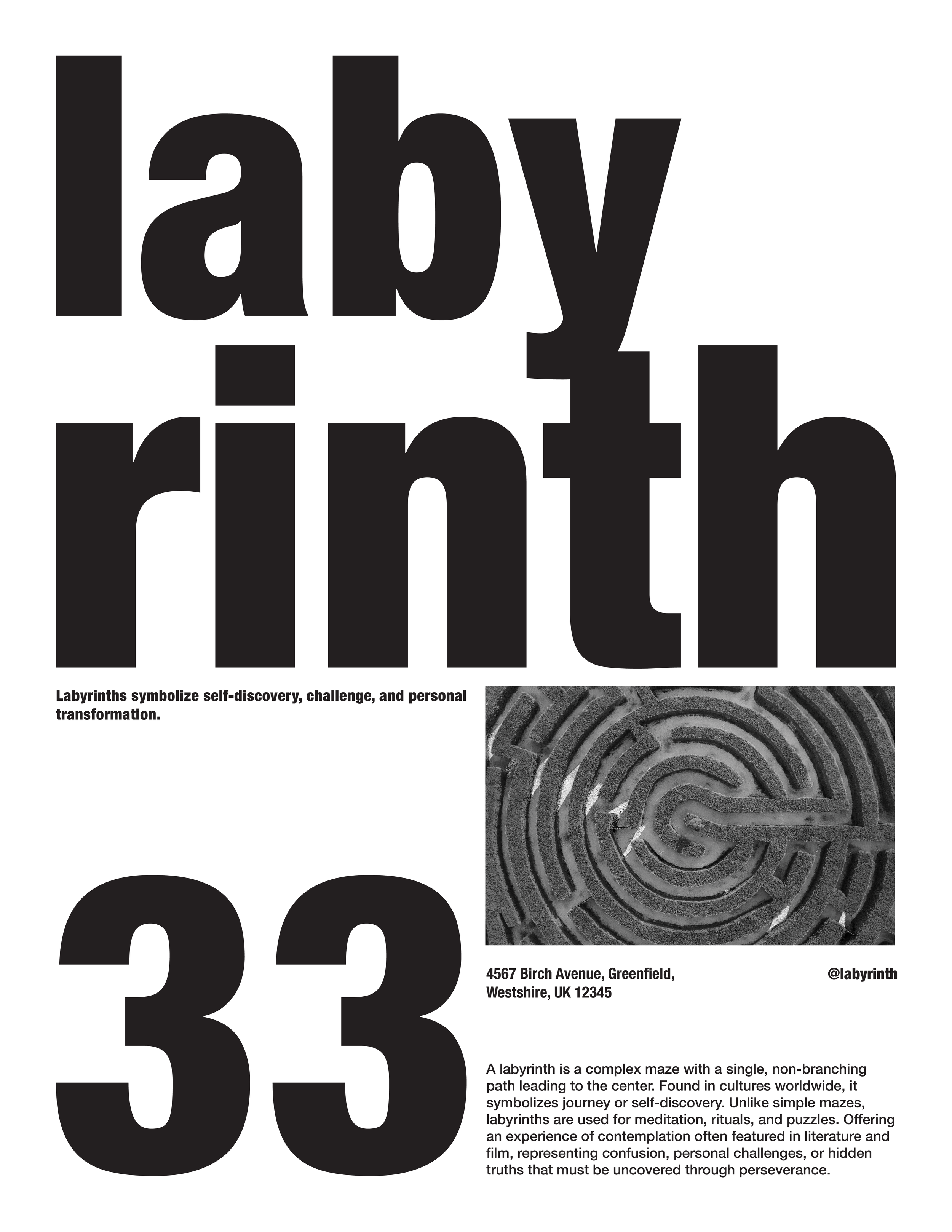 A poster titled 'labyrinth' featuring large black text, a black-and-white image of a maze, and smaller text describing labyrinths as complex mazes symbolizing self-discovery and personal growth.