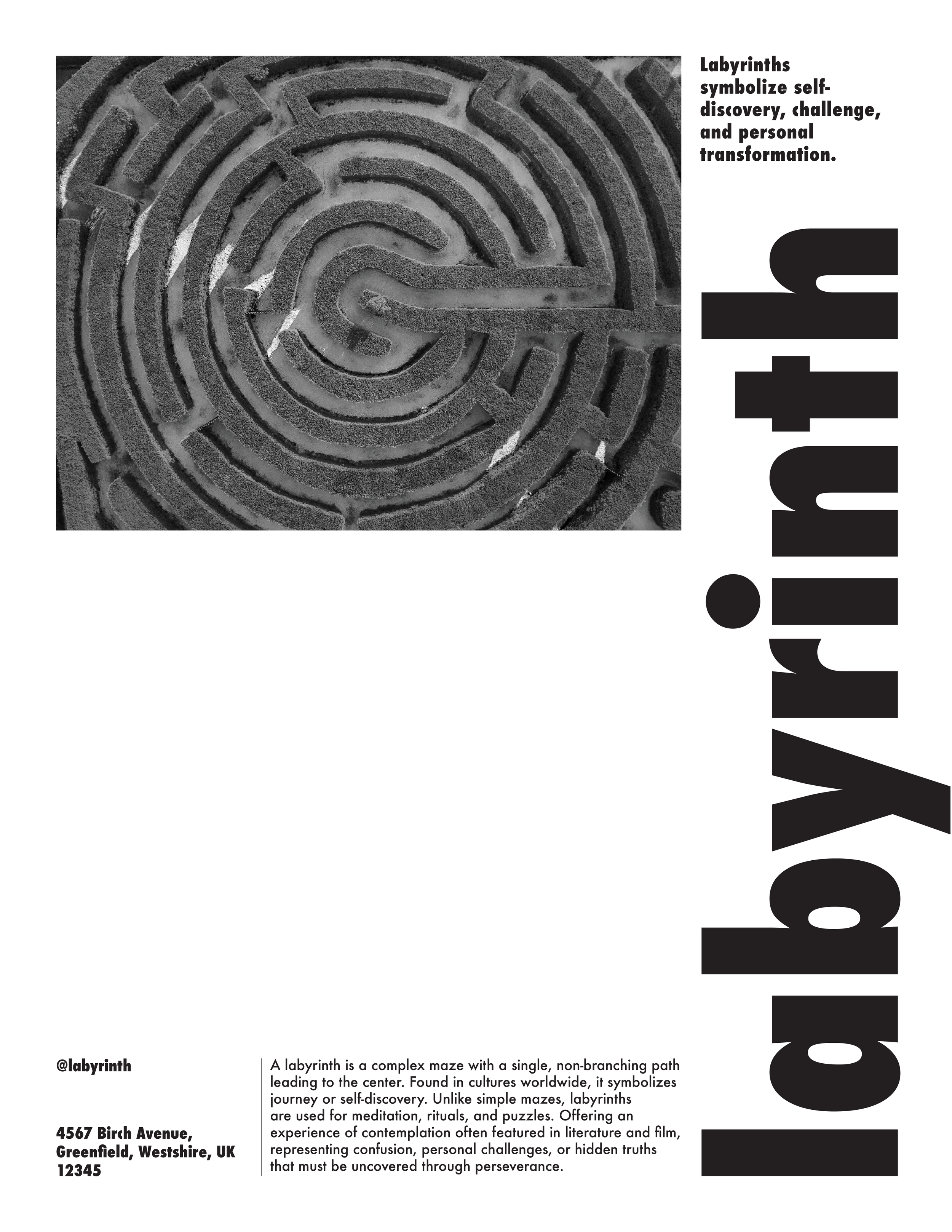 A complex maze in black and white with circular and linear paths, symbolizing self-discovery and challenge.