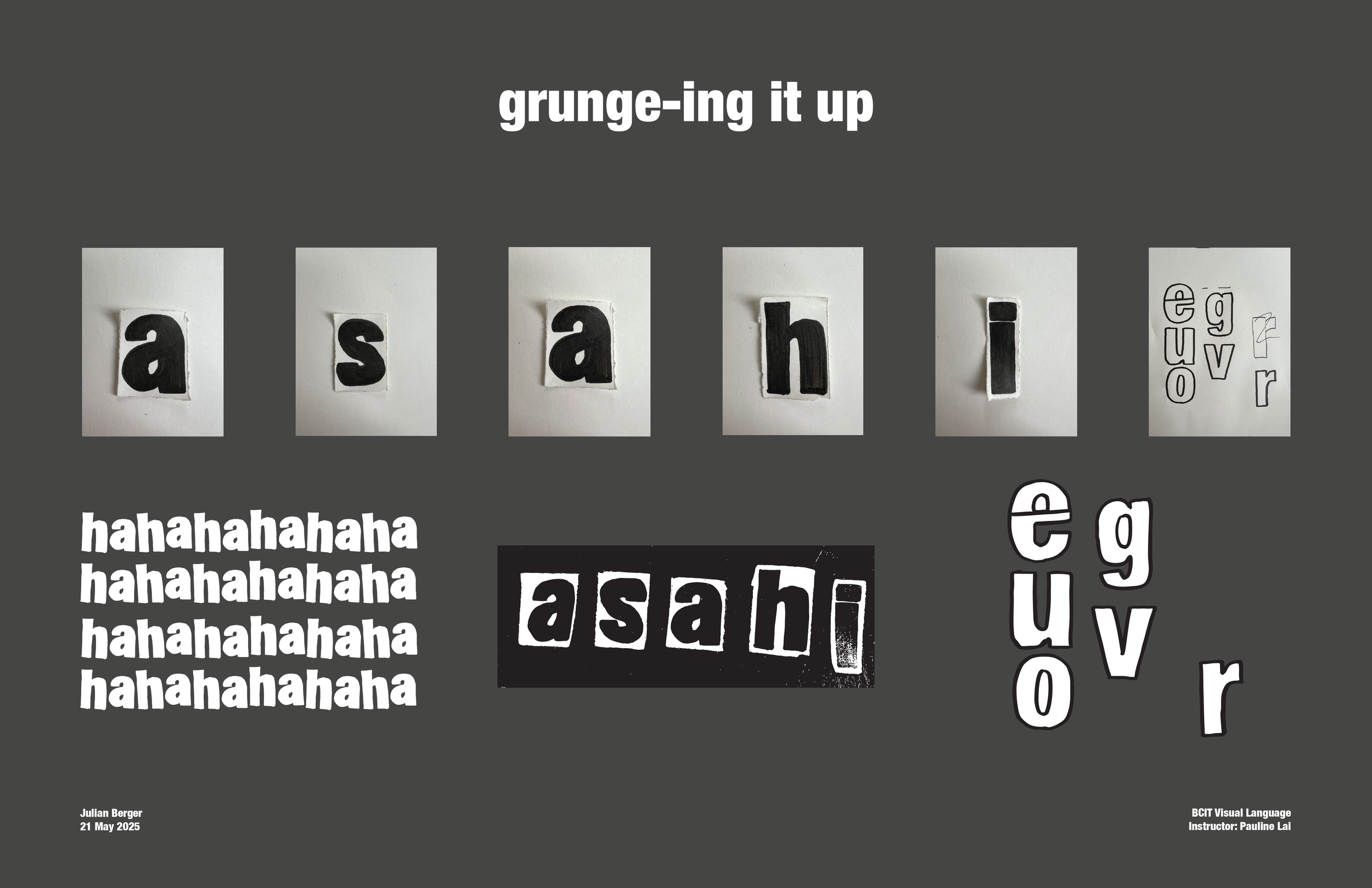A collage of various text and images related to the word 'ash', including printed letters, handwritten letters, and repeated 'hahaha' text, on a gray background with the title 'grunge-ing it up'.