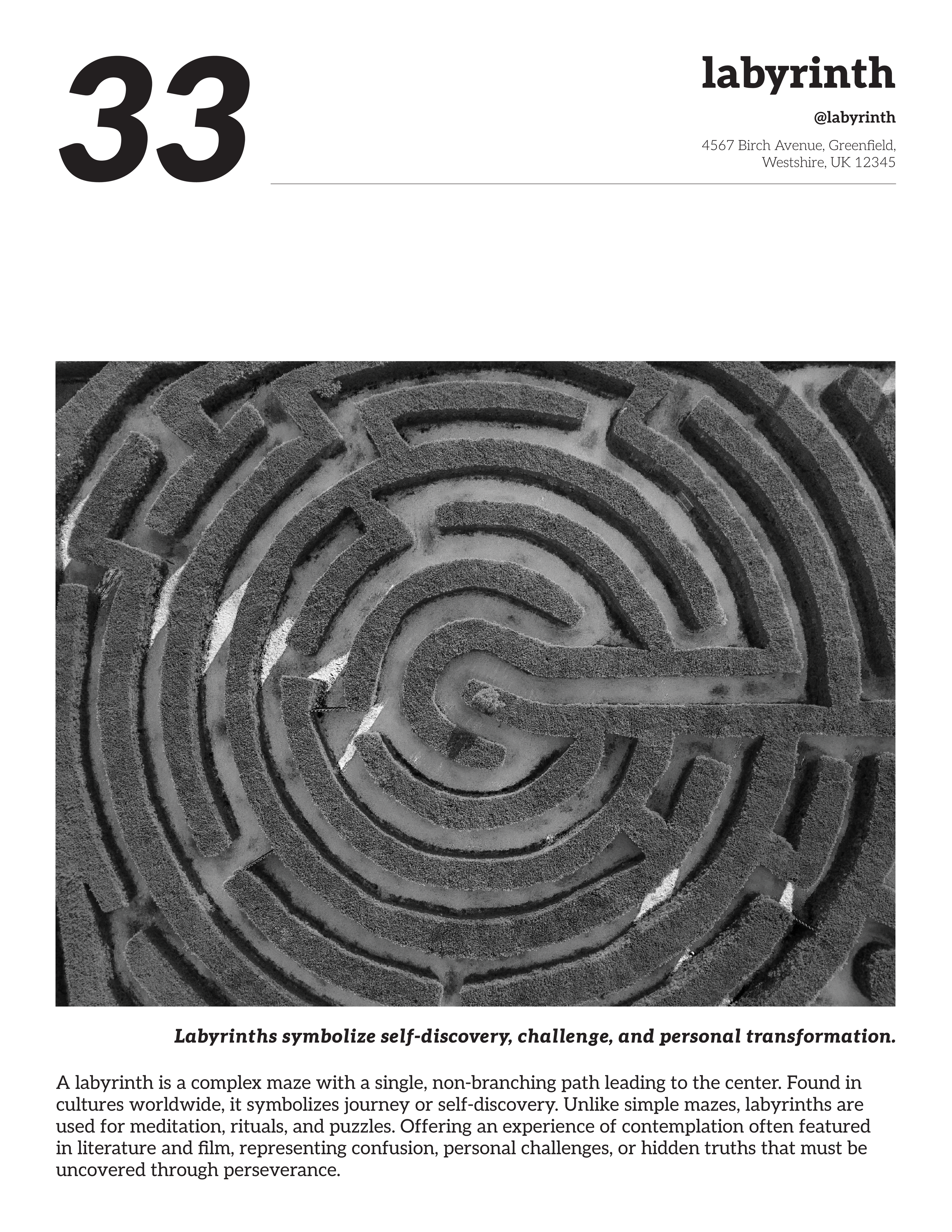 Black and white close-up of a labyrinth maze with text explaining its symbolism of self-discovery, challenge, and personal transformation.